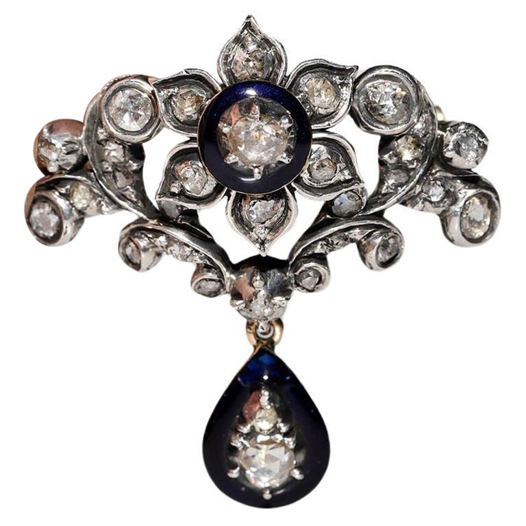 Antike  CIRCA 1870er Jahre 18k Gold Top Silver Natural Rose Cut Diamond Brosche im Angebot