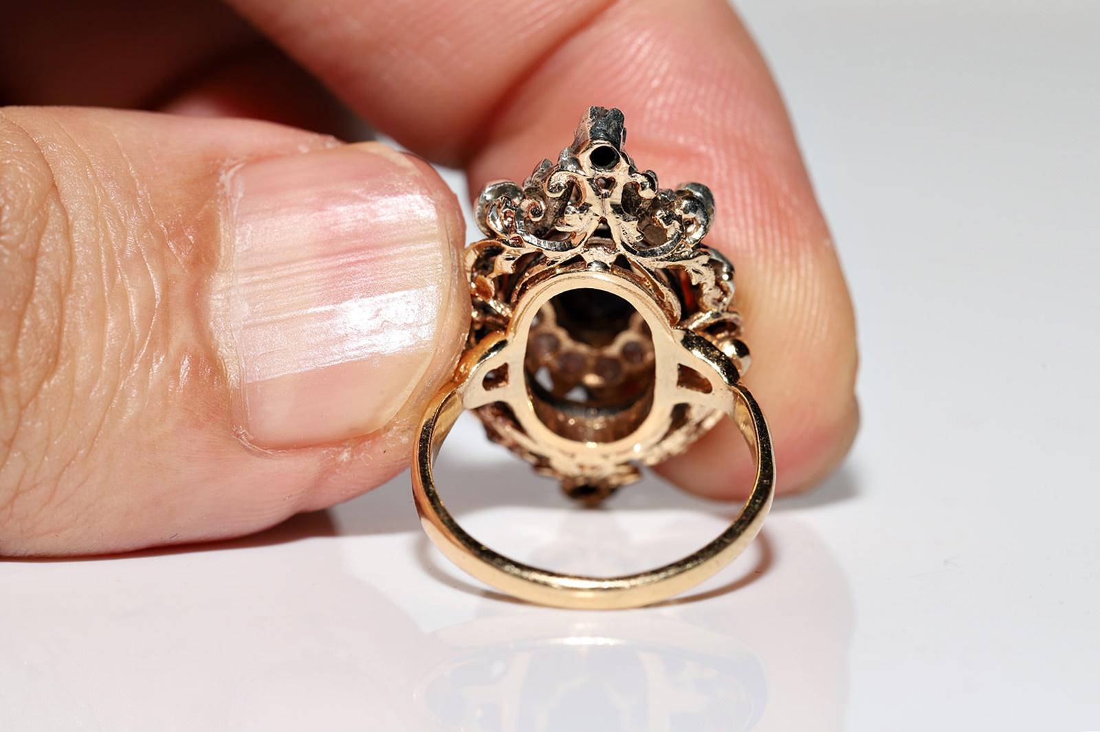 Antique Circa 1870s 18k Gold Top Silver Natural Rose Cut Diamond Sapphire Ring  For Sale 6