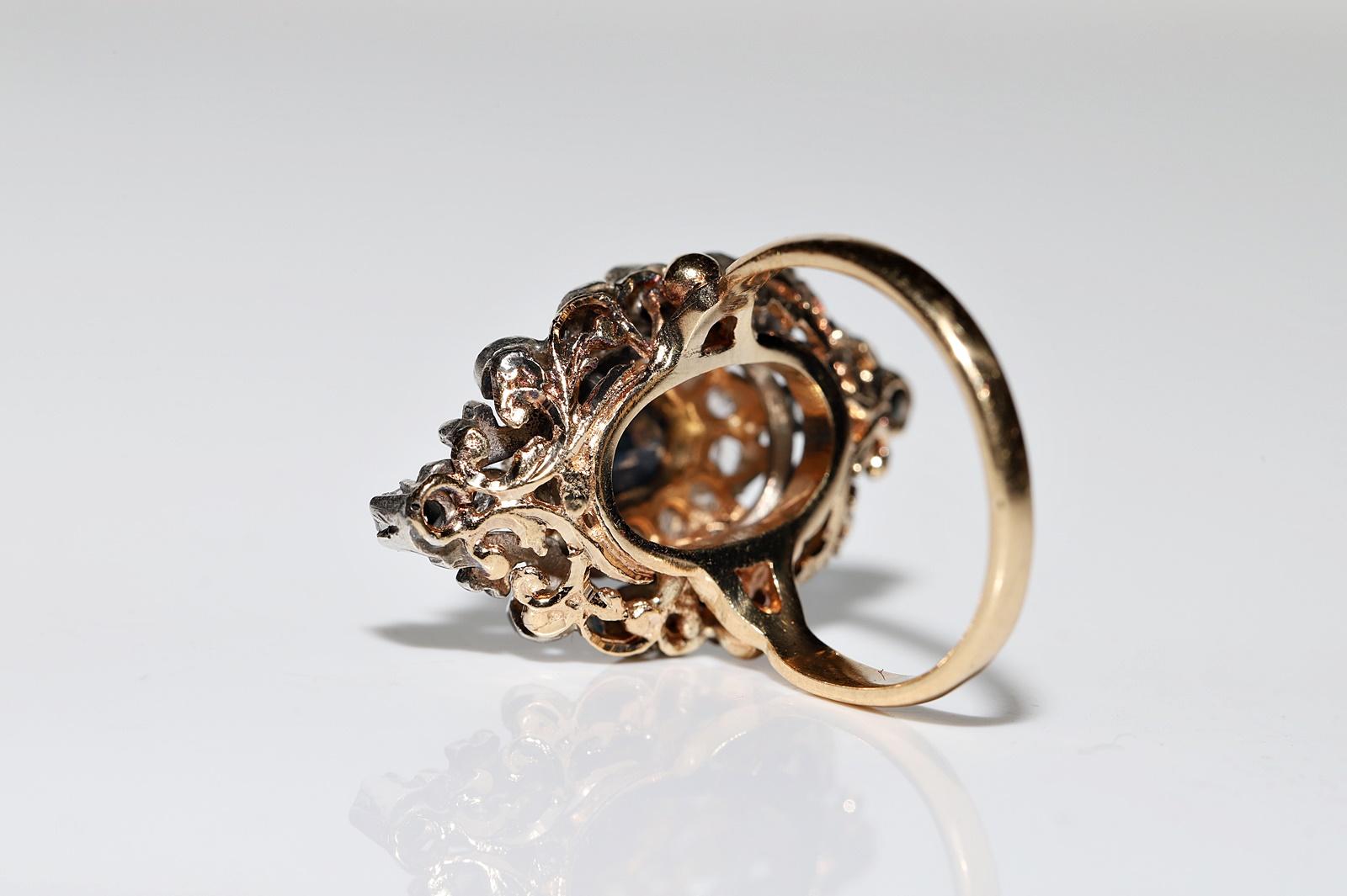 Antike CIRCA 1870er Jahre 18k Gold Top Silber natürlichen Rosenschliff Diamant Saphir Ring  im Angebot 9