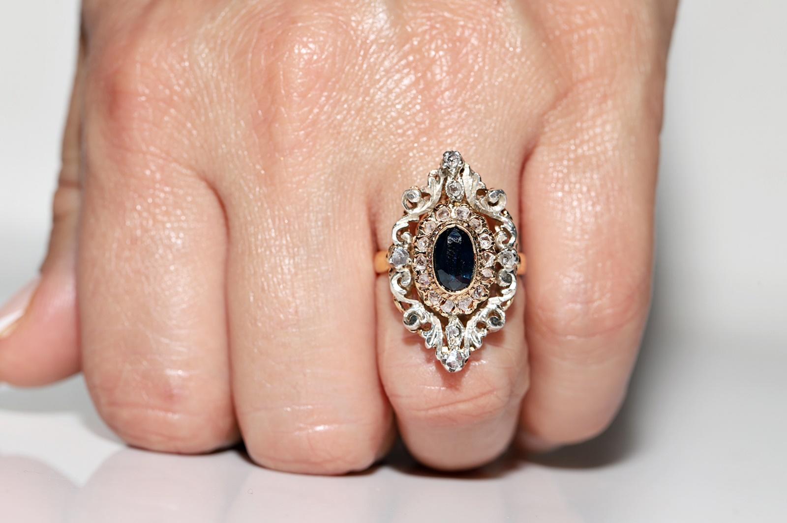 Antique Circa 1870s 18k Gold Top Silver Natural Rose Cut Diamond Sapphire Ring  For Sale 10