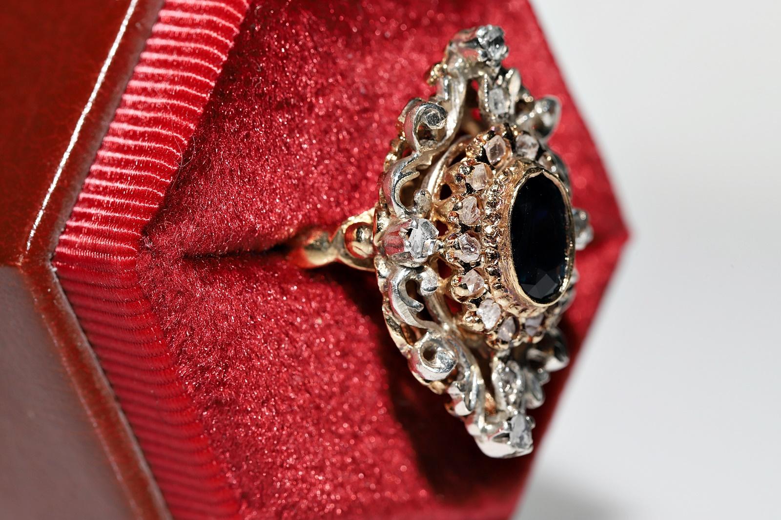 Antike CIRCA 1870er Jahre 18k Gold Top Silber natürlichen Rosenschliff Diamant Saphir Ring  (Viktorianisch) im Angebot