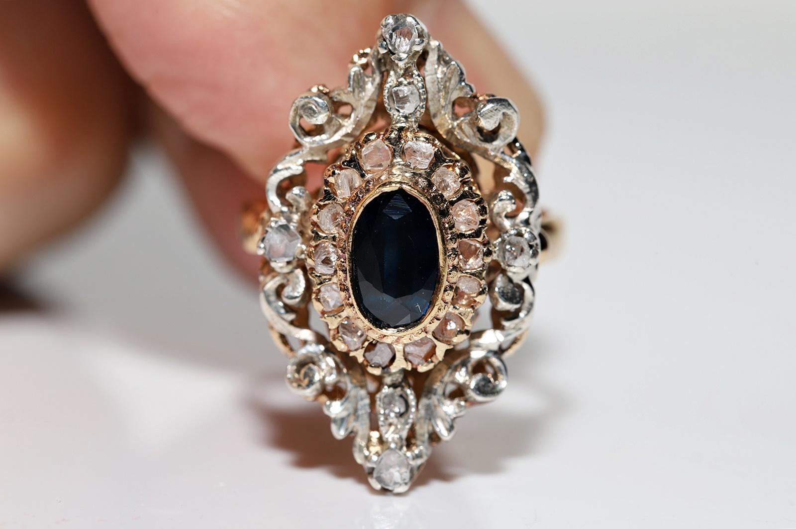 Women's Antique Circa 1870s 18k Gold Top Silver Natural Rose Cut Diamond Sapphire Ring  For Sale