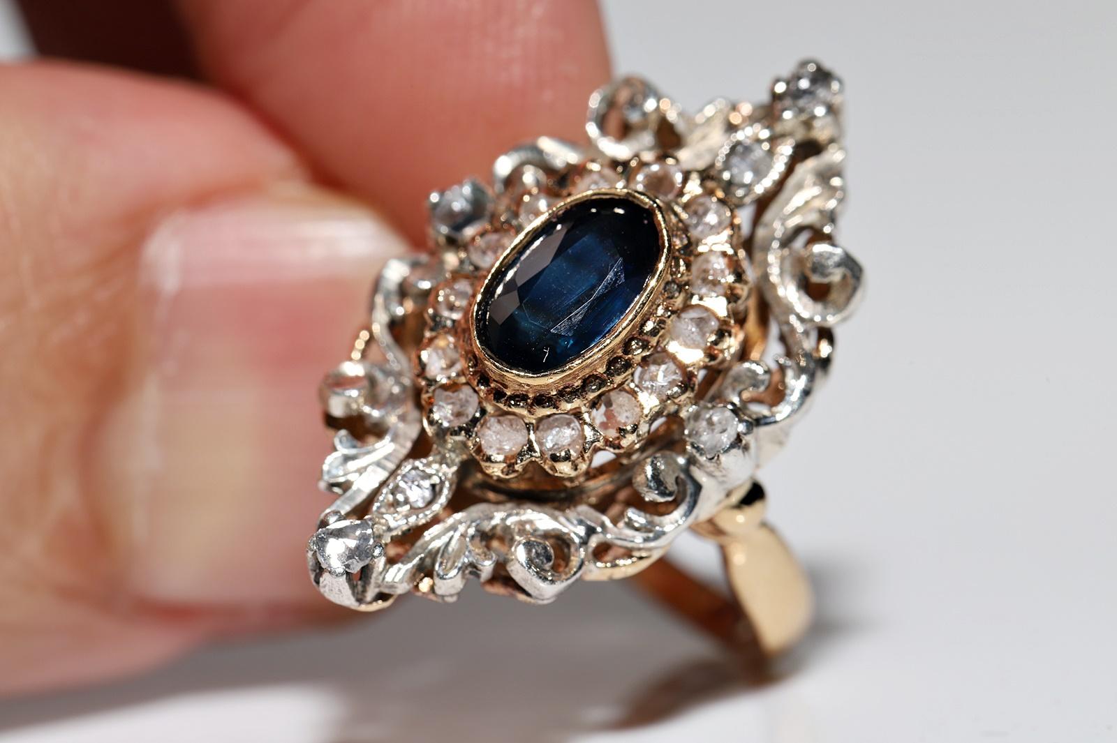 Antique Circa 1870s 18k Gold Top Silver Natural Rose Cut Diamond Sapphire Ring  For Sale 3