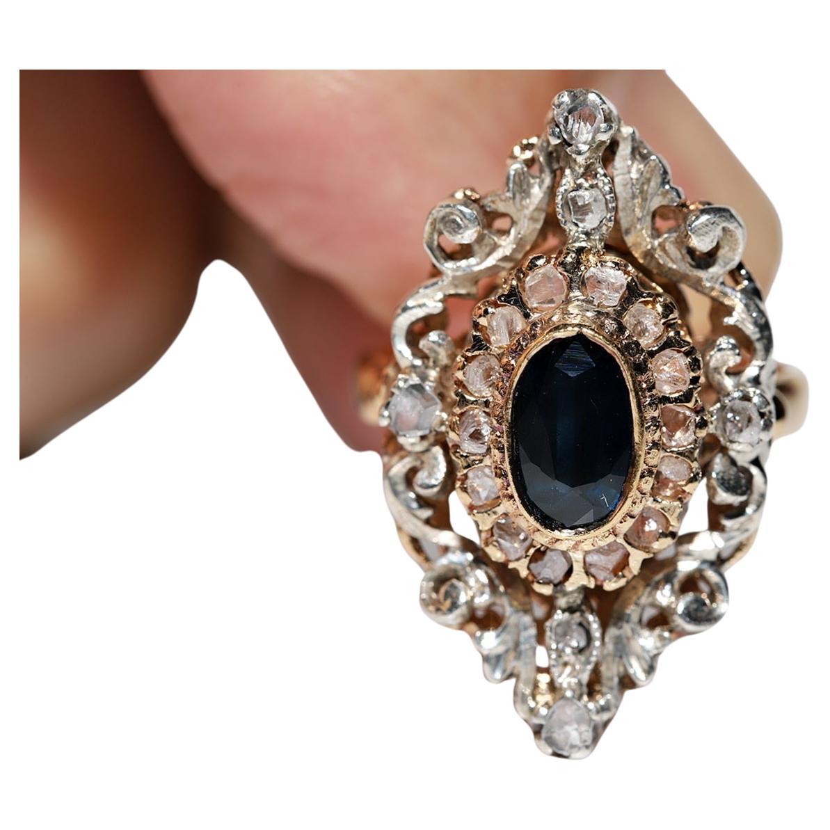 Antique Circa 1870s 18k Gold Top Silver Natural Rose Cut Diamond Sapphire Ring  For Sale