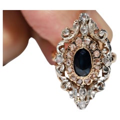 Antique Circa 1870s 18k Gold Top Silver Natural Rose Cut Diamond Sapphire Ring 