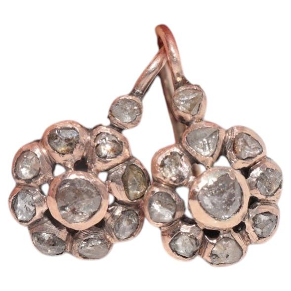 Antique Circa 1870s 8k Gold Estate Natural Rose Cut Diamond Decorated Earring