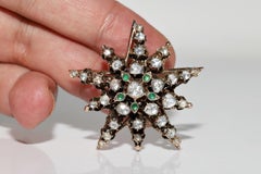 Antique Circa 1870s 8k Gold Natural Rose Cut Diamond And Emerald Star Brooch
