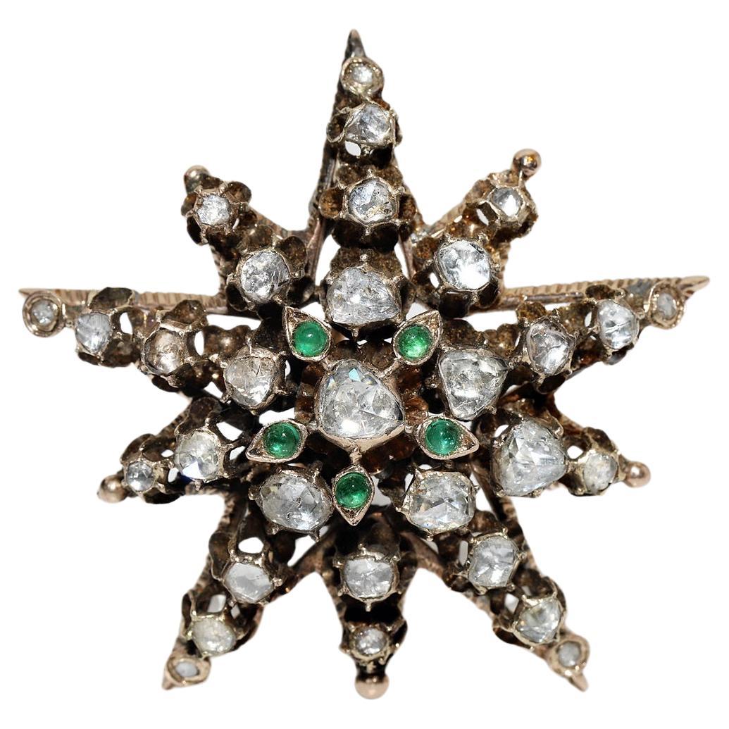Antique Circa 1870s 8k Gold Natural Rose Cut Diamond And Emerald Star Brooch  For Sale