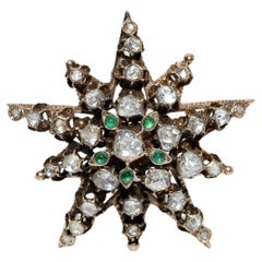 Antique Circa 1870s 8k Gold Natural Rose Cut Diamond And Emerald Star Brooch
