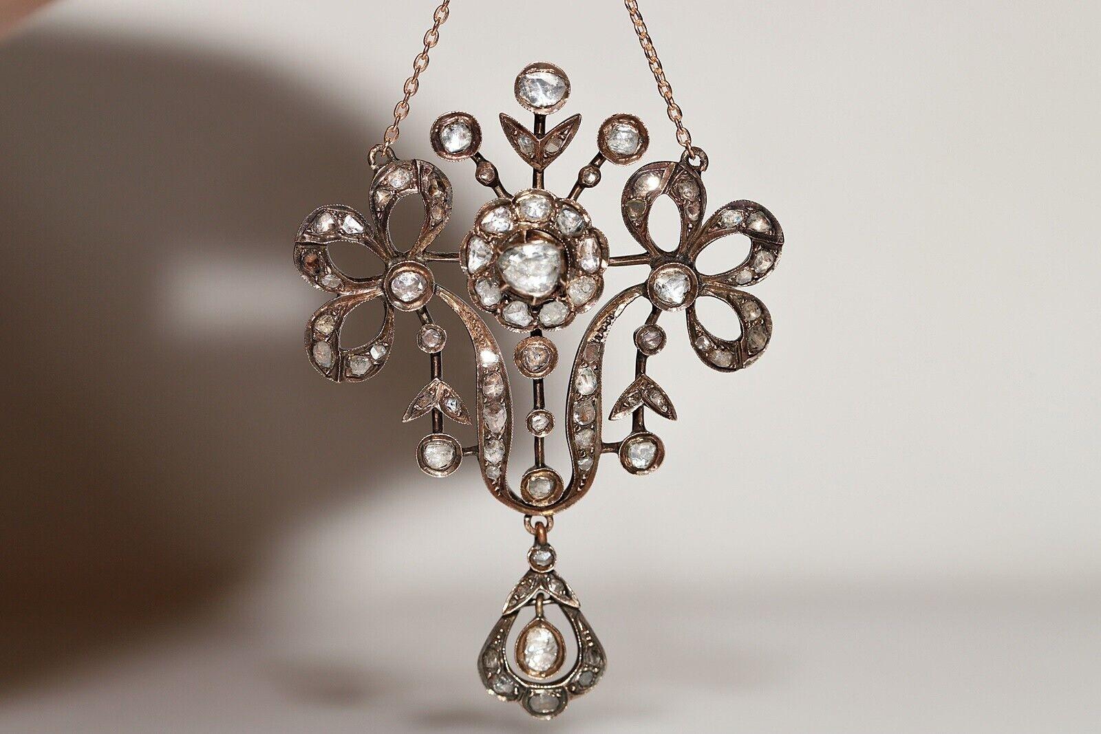 Antike  Circa 1870er Jahre 8k Gold Natürlicher Rosenschliff Diamant Dekorierte Tropfen-Halskette  im Angebot 5