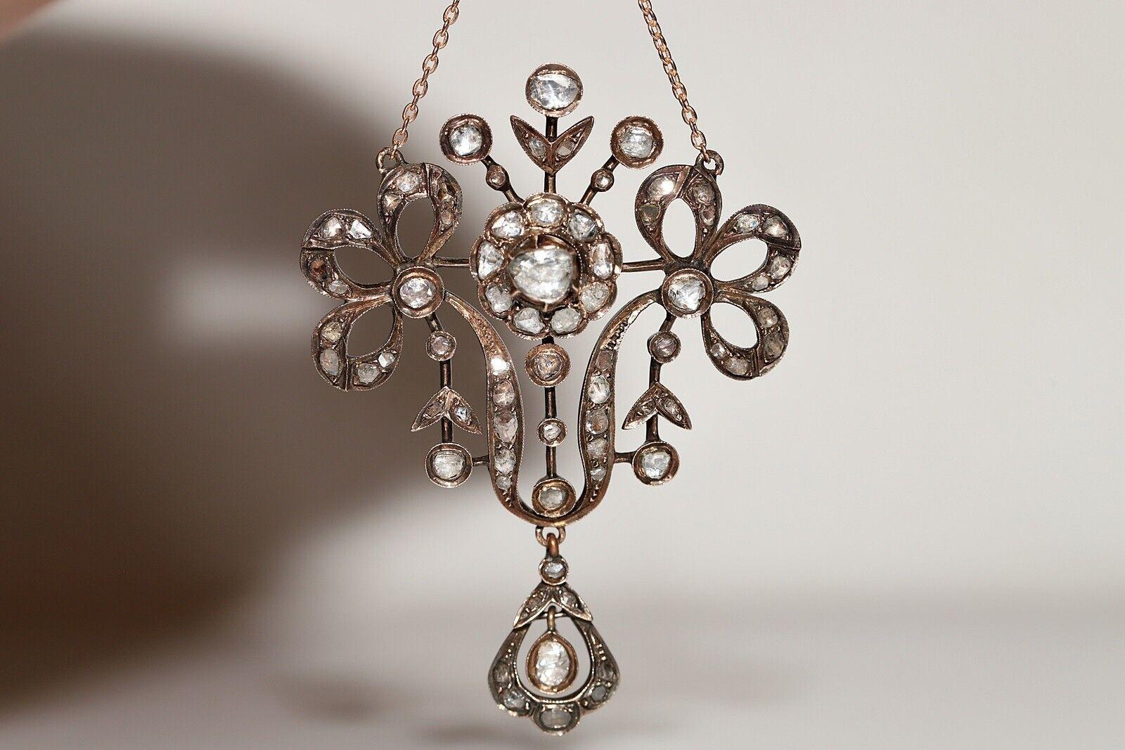 Antique  Circa 1870s 8k Gold Natural Rose Cut Diamond Decorated Drop Necklace en venta 4