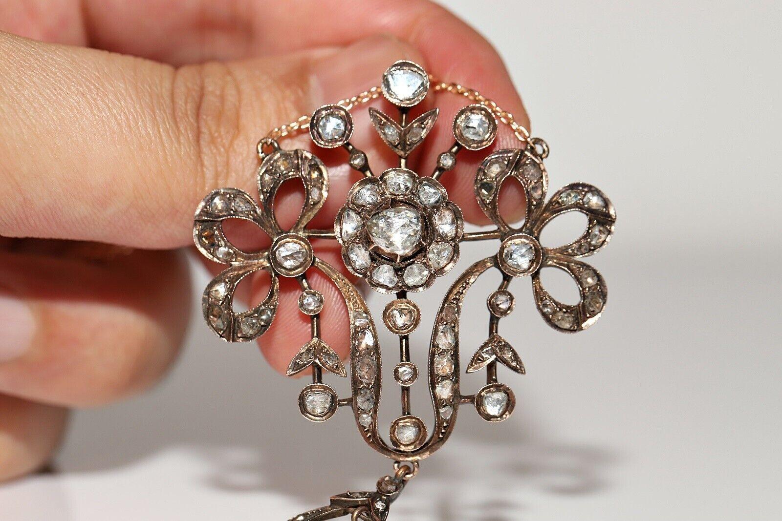 Antique  Circa 1870s 8k Gold Natural Rose Cut Diamond Decorated Drop Necklace en venta 6