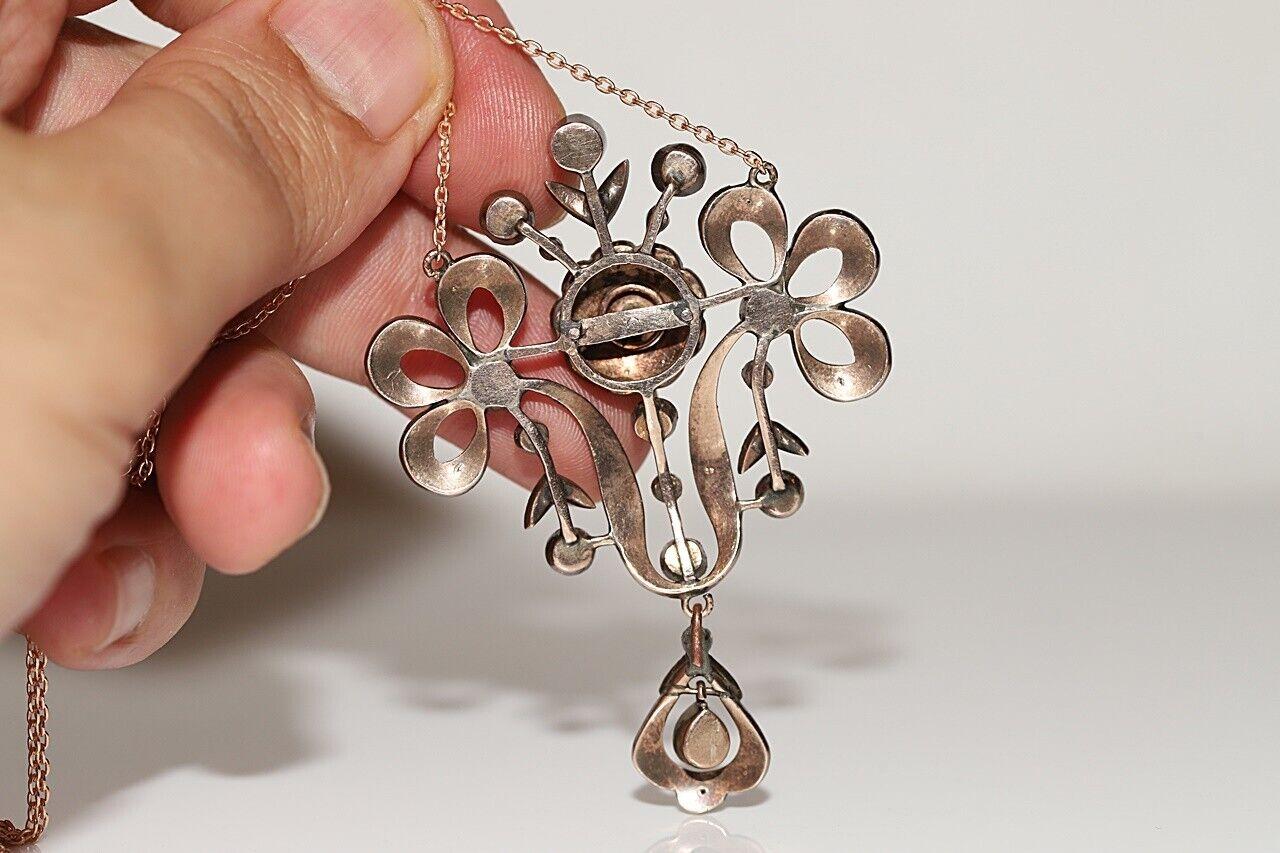 Antike  Circa 1870er Jahre 8k Gold Natürlicher Rosenschliff Diamant Dekorierte Tropfen-Halskette  im Angebot 8