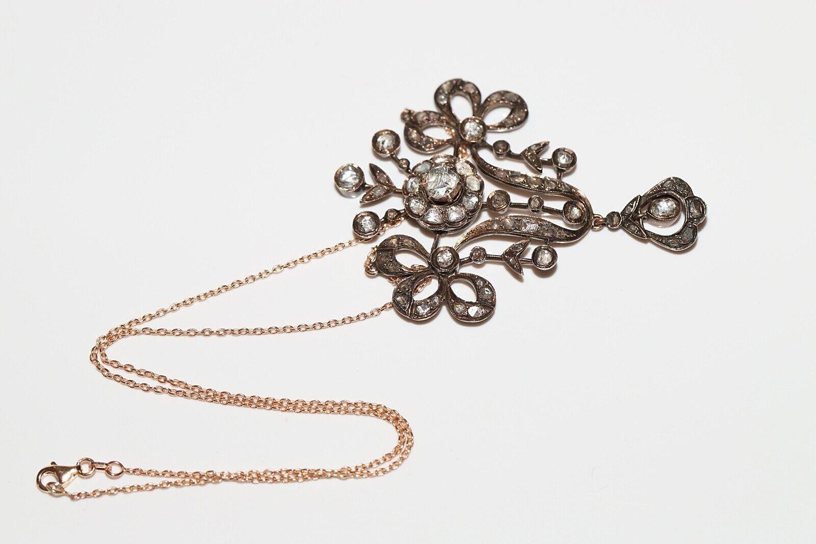 Antique  Circa 1870s 8k Gold Natural Rose Cut Diamond Decorated Drop Necklace en venta 8