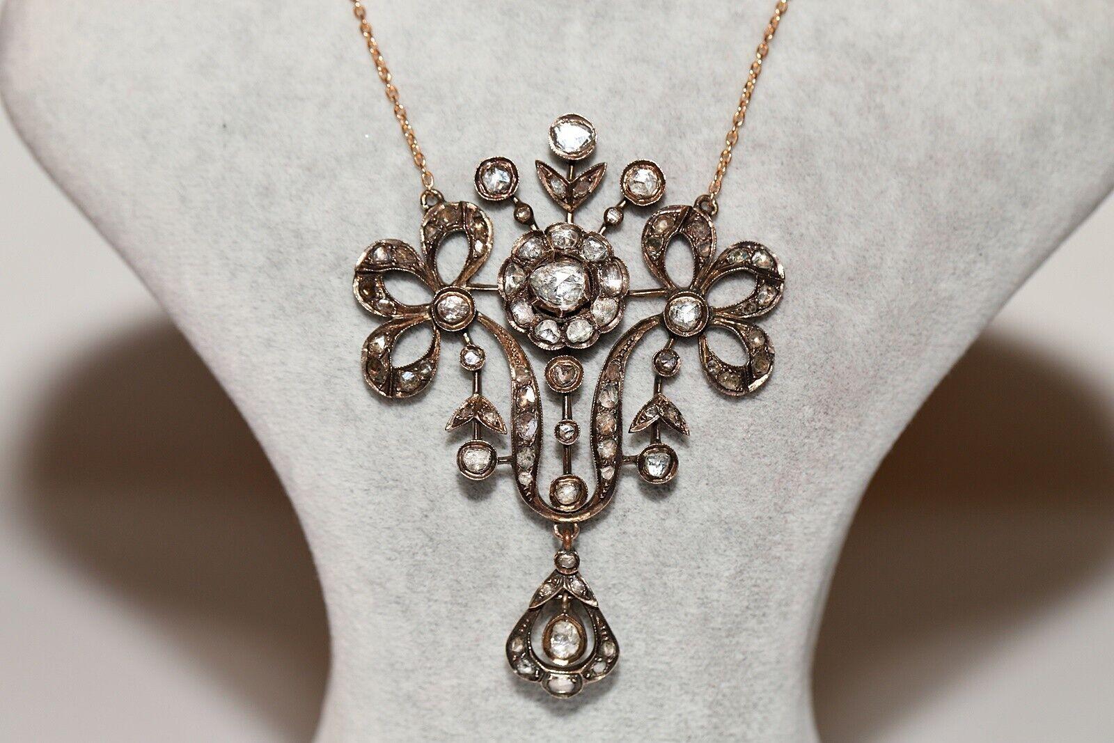 Antike  Circa 1870er Jahre 8k Gold Natürlicher Rosenschliff Diamant Dekorierte Tropfen-Halskette  (Viktorianisch) im Angebot