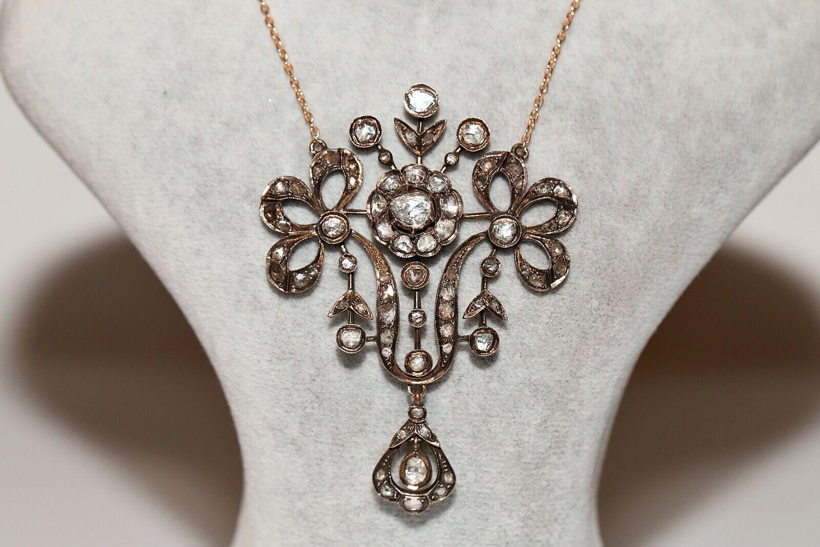 Antique  Circa 1870s 8k Gold Natural Rose Cut Diamond Decorated Drop Necklace Victoriano en venta