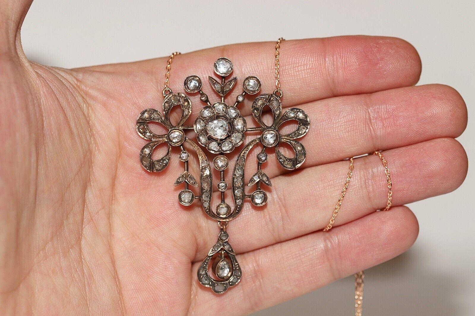 Antique  Circa 1870s 8k Gold Natural Rose Cut Diamond Decorated Drop Necklace Corte rosa en venta