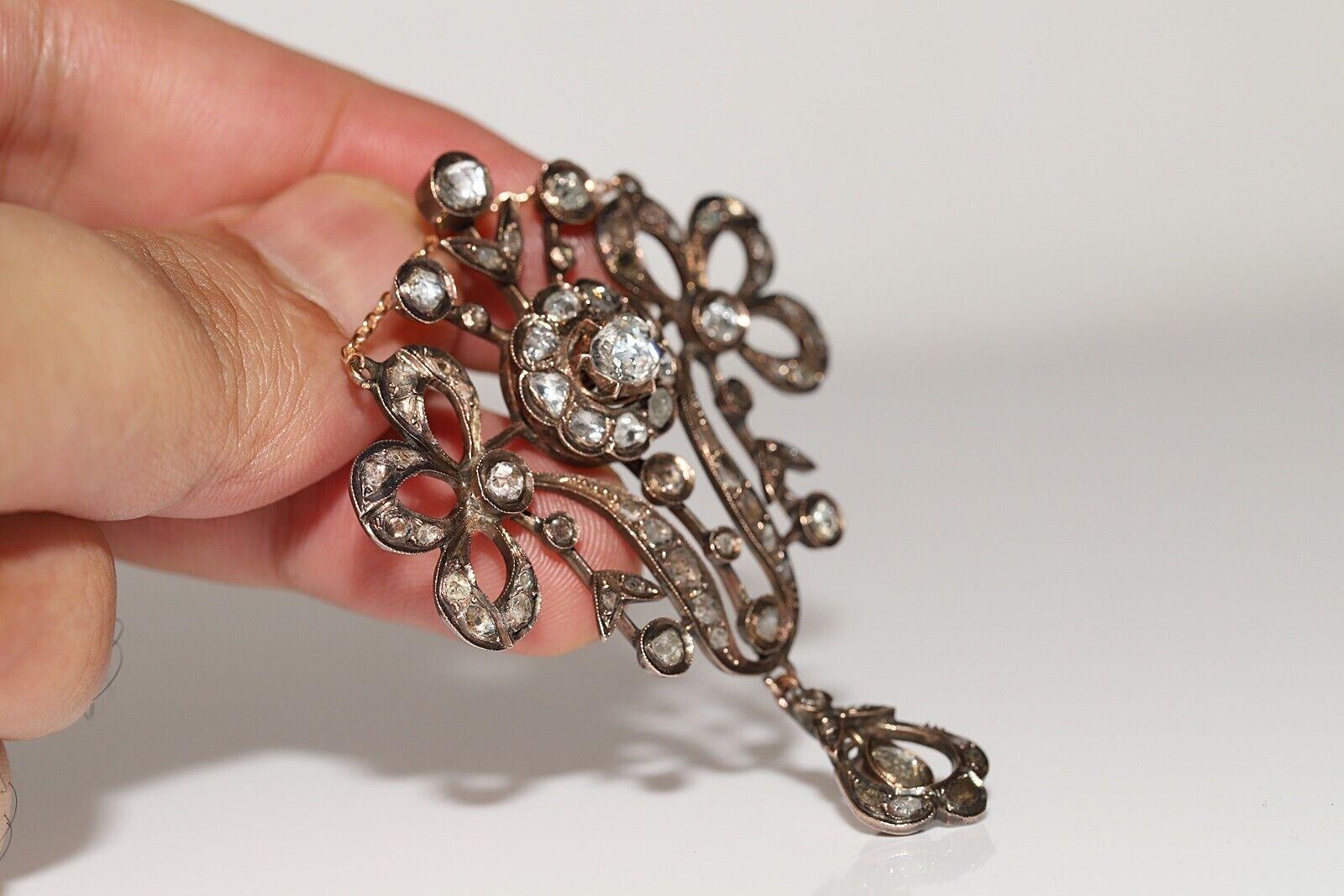 Antique  Circa 1870s 8k Gold Natural Rose Cut Diamond Decorated Drop Necklace en Bueno estado para la venta en Fatih/İstanbul, 34