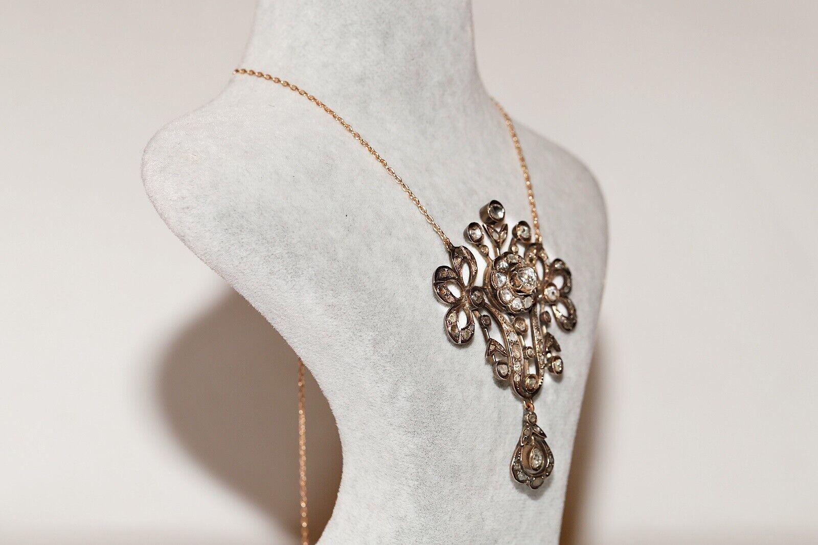 Antike  Circa 1870er Jahre 8k Gold Natürlicher Rosenschliff Diamant Dekorierte Tropfen-Halskette  im Angebot 4