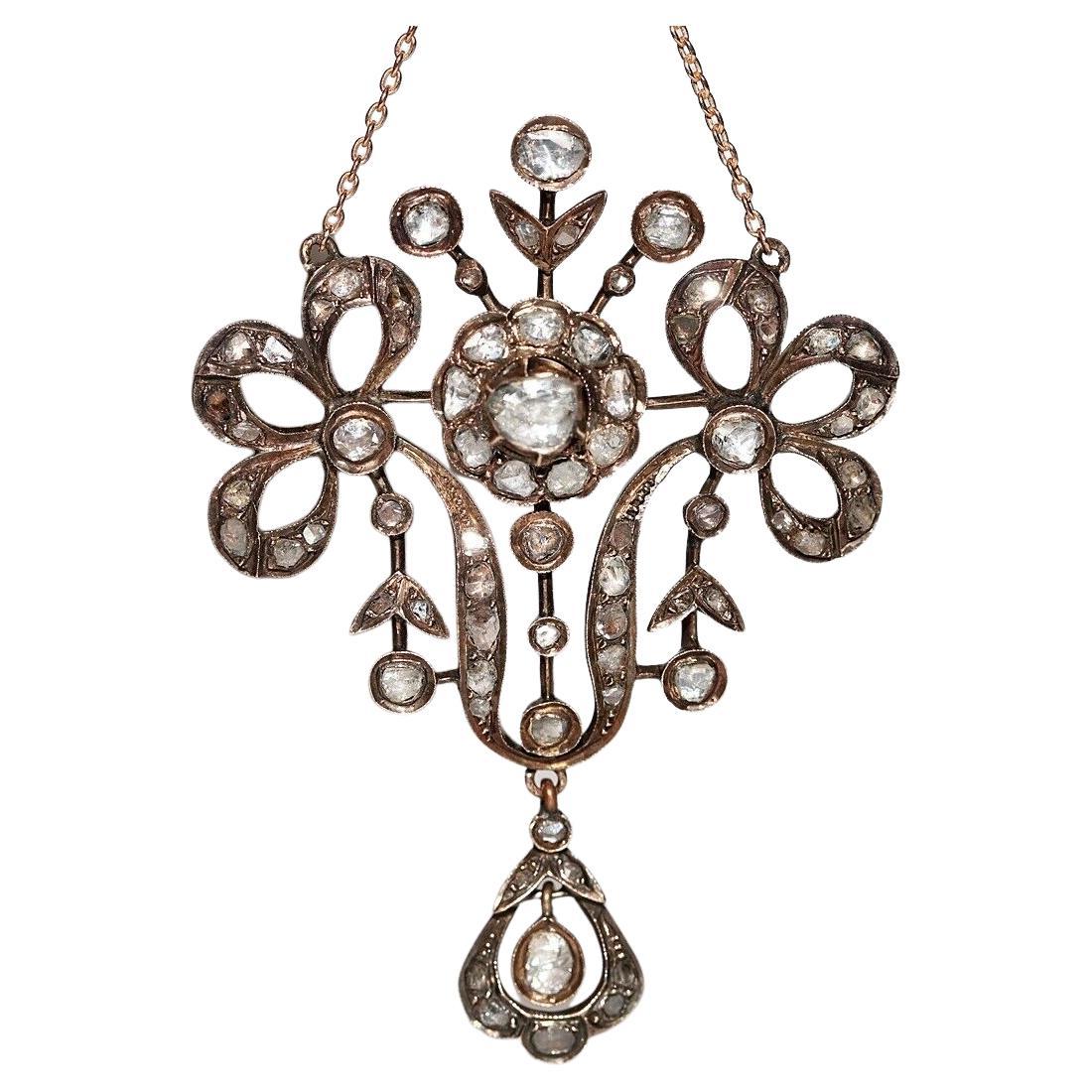 Antike  Circa 1870er Jahre 8k Gold Natürlicher Rosenschliff Diamant Dekorierte Tropfen-Halskette  im Angebot