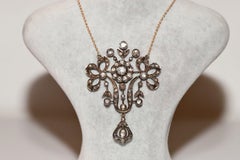 Antique Circa 1870s 8k Gold Natural Rose Cut Diamond Pendant Necklace