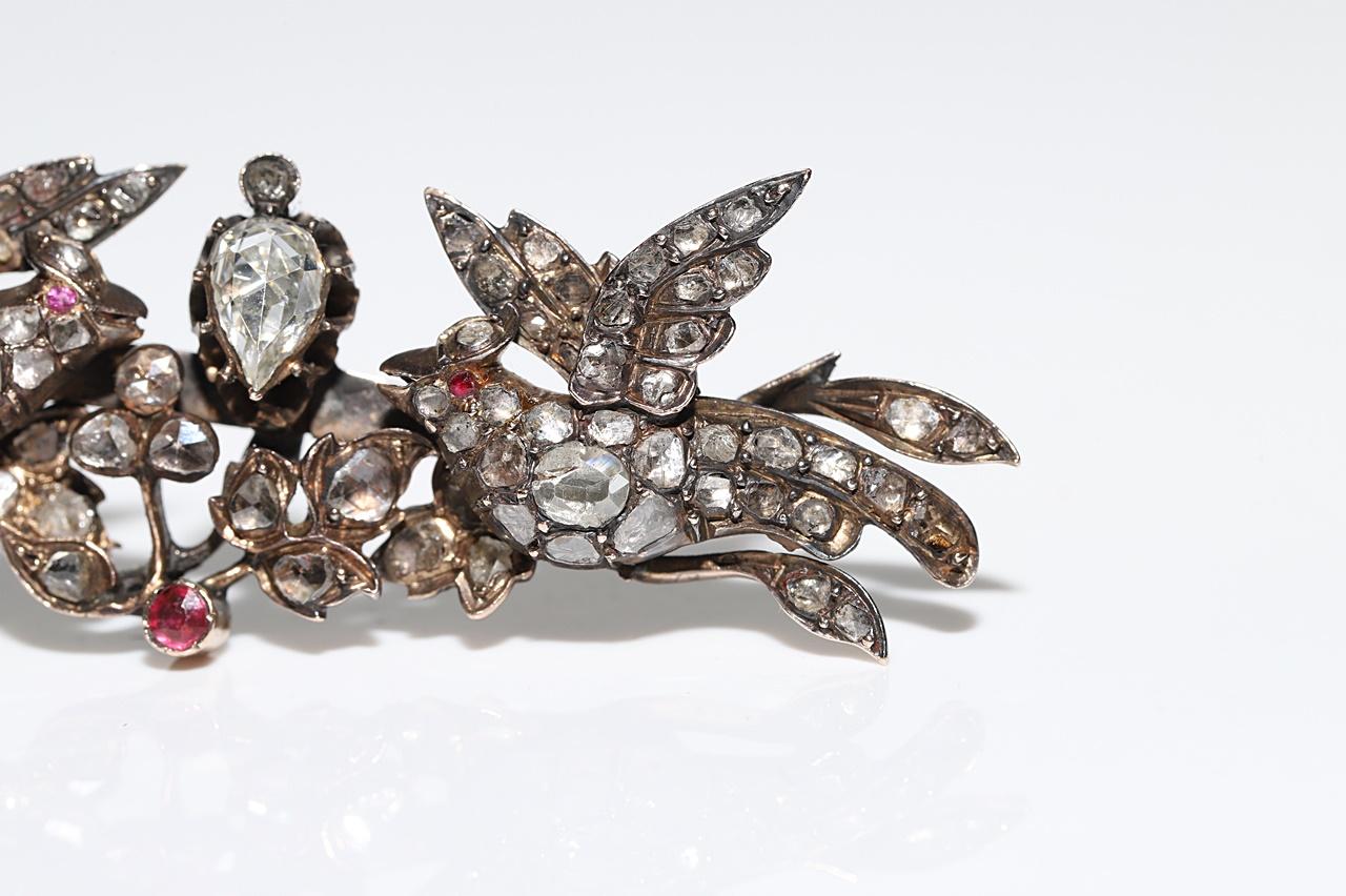 Women's Antique  Circa 1870s 9k Gold Natural Rose Cut Diamond  Amazing Birds Brooch For Sale