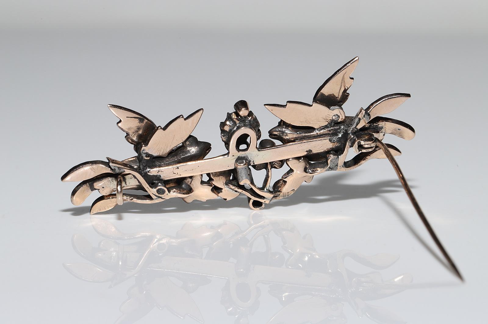 Antique  Circa 1870s 9k Gold Natural Rose Cut Diamond  Amazing Birds Brooch For Sale 3
