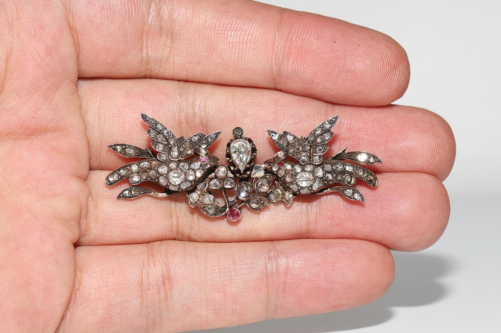 Antique  Circa 1870s 9k Gold Natural Rose Cut Diamond  Amazing Birds Brooch For Sale 4
