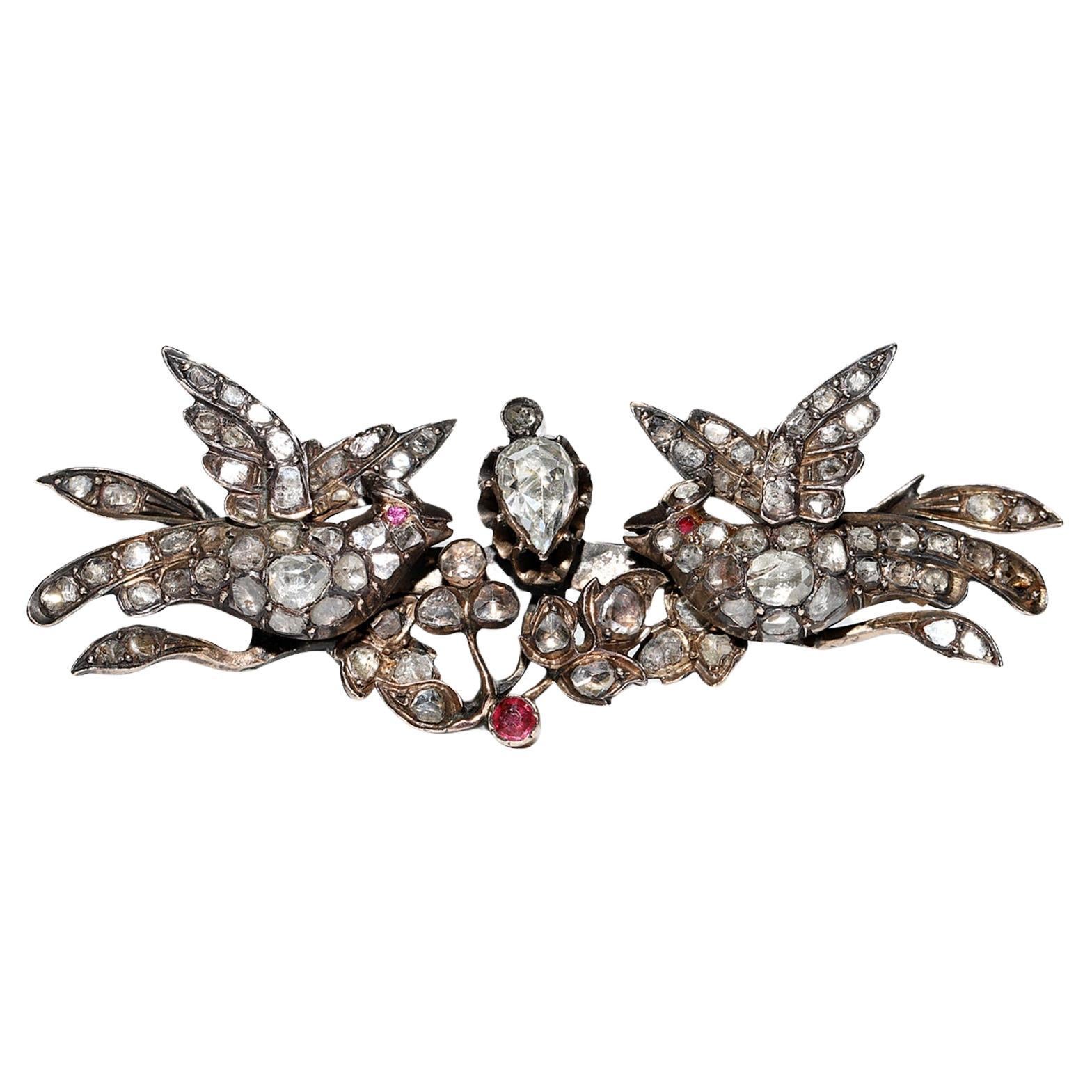 Antique  Circa 1870s 9k Gold Natural Rose Cut Diamond  Amazing Birds Brooch For Sale