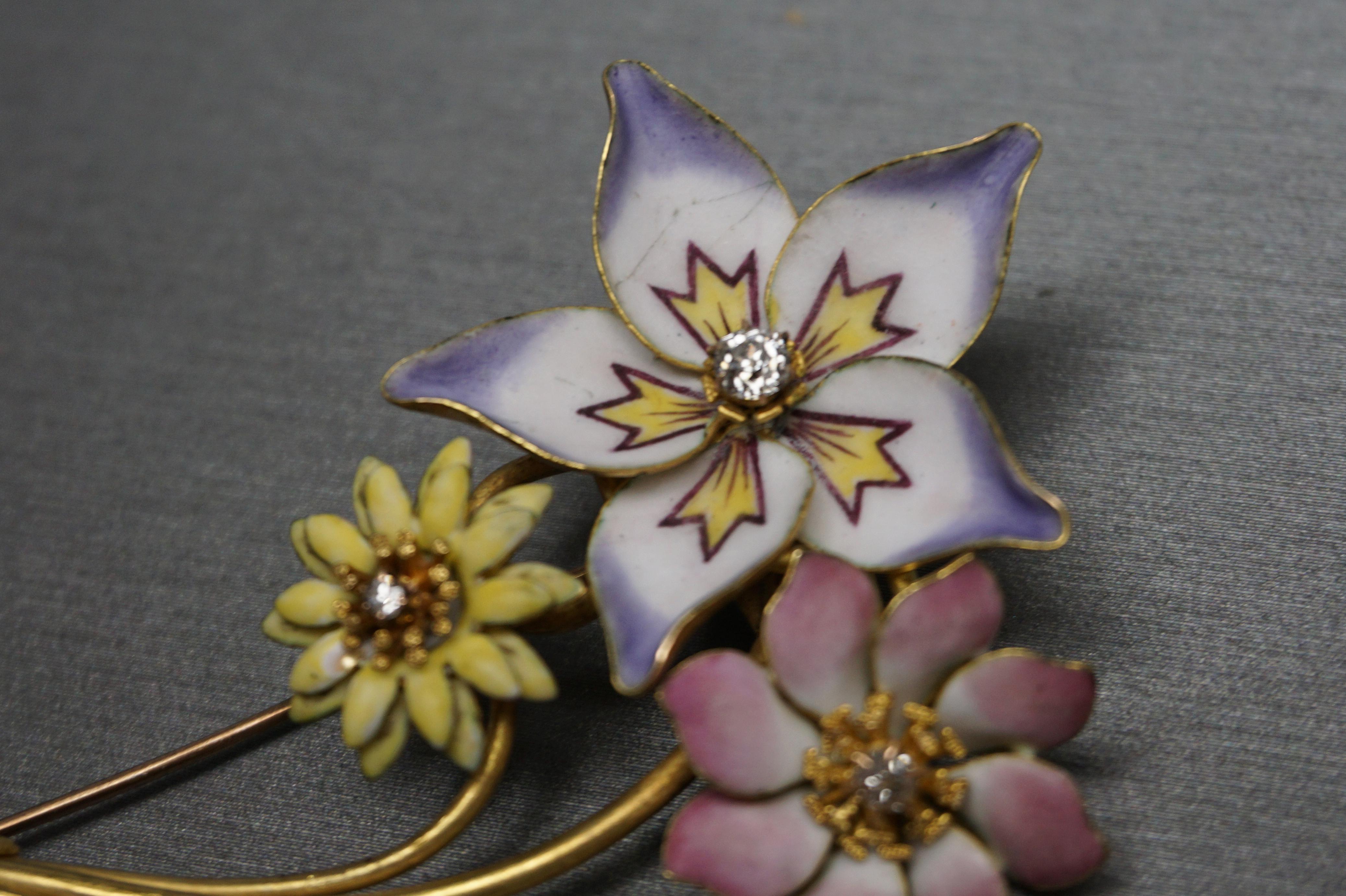Antique 18k Gold Pastel Enamel Triple Flower Pin For Sale 6