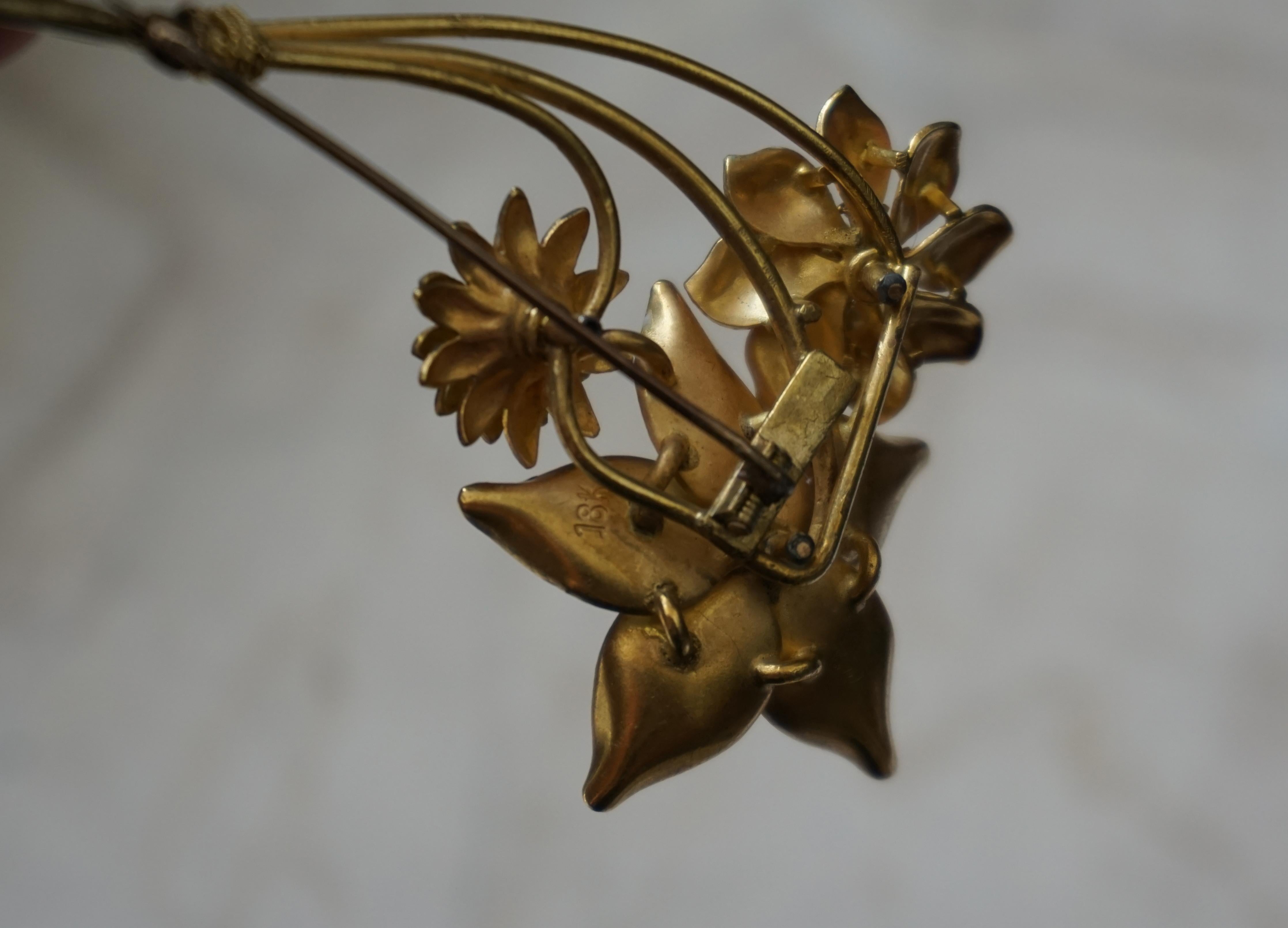Old Mine Cut Antique 18k Gold Pastel Enamel Triple Flower Pin For Sale
