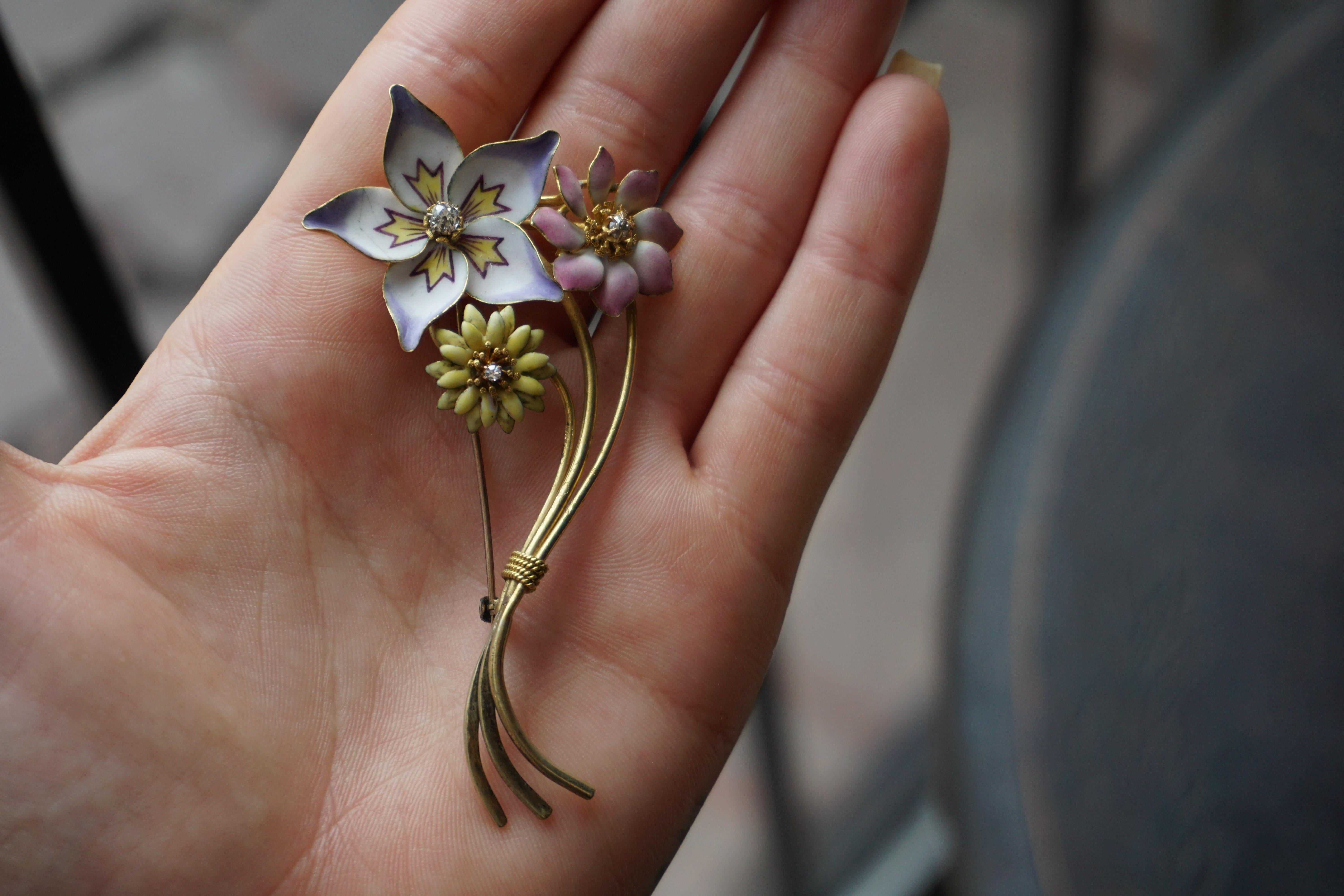 Women's or Men's Antique 18k Gold Pastel Enamel Triple Flower Pin For Sale