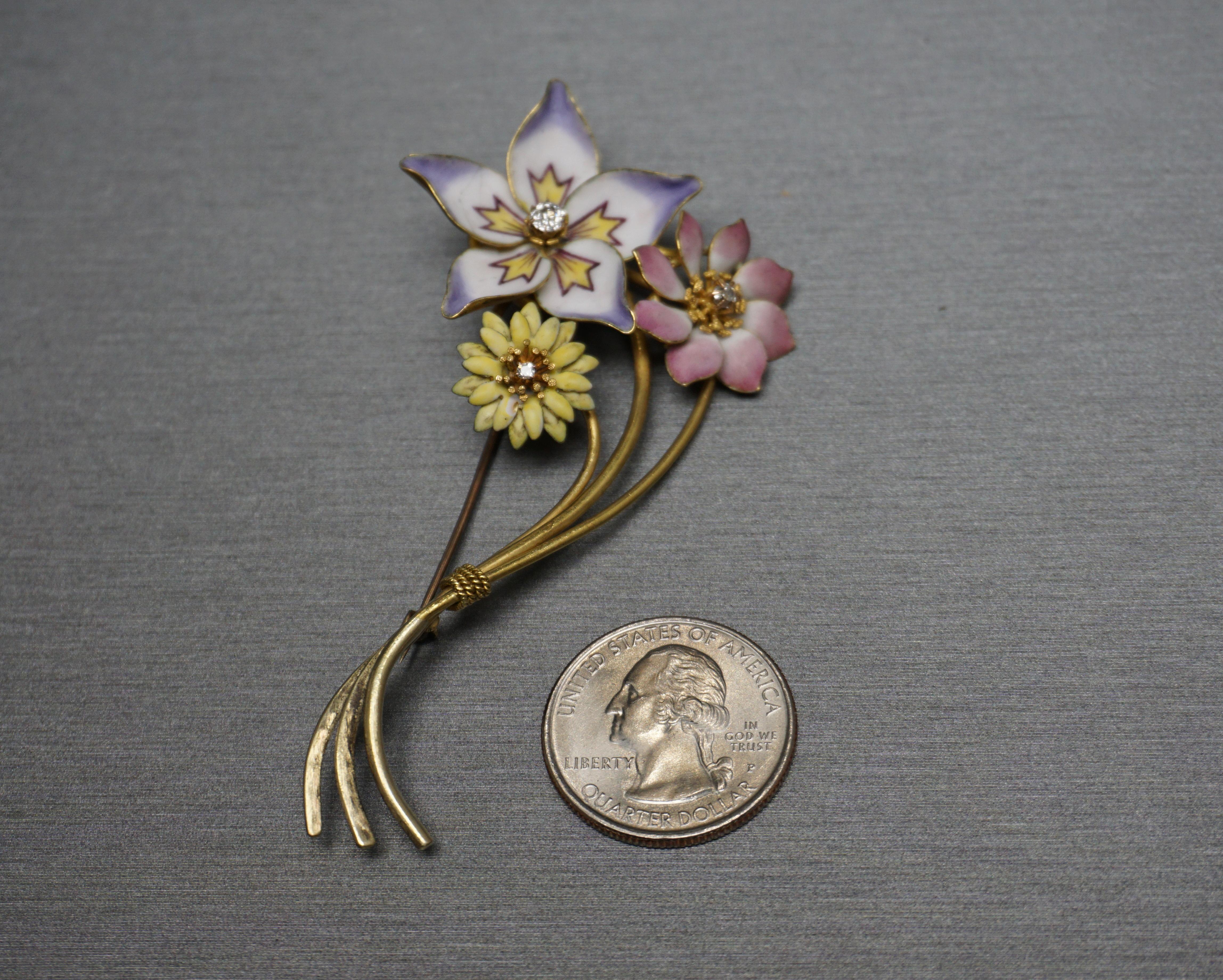 Antique 18k Gold Pastel Enamel Triple Flower Pin For Sale 4