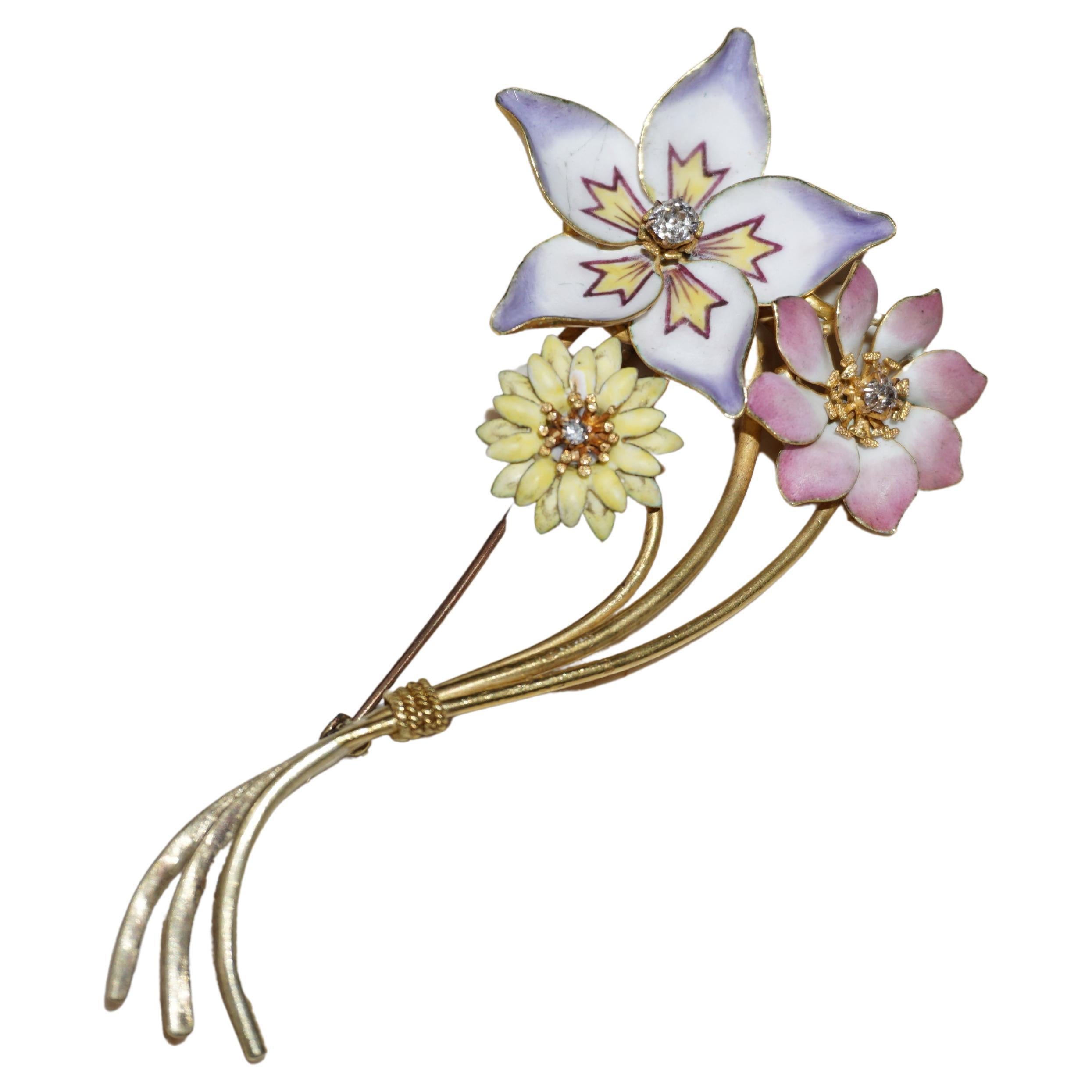 Antique 18k Gold Pastel Enamel Triple Flower Pin For Sale