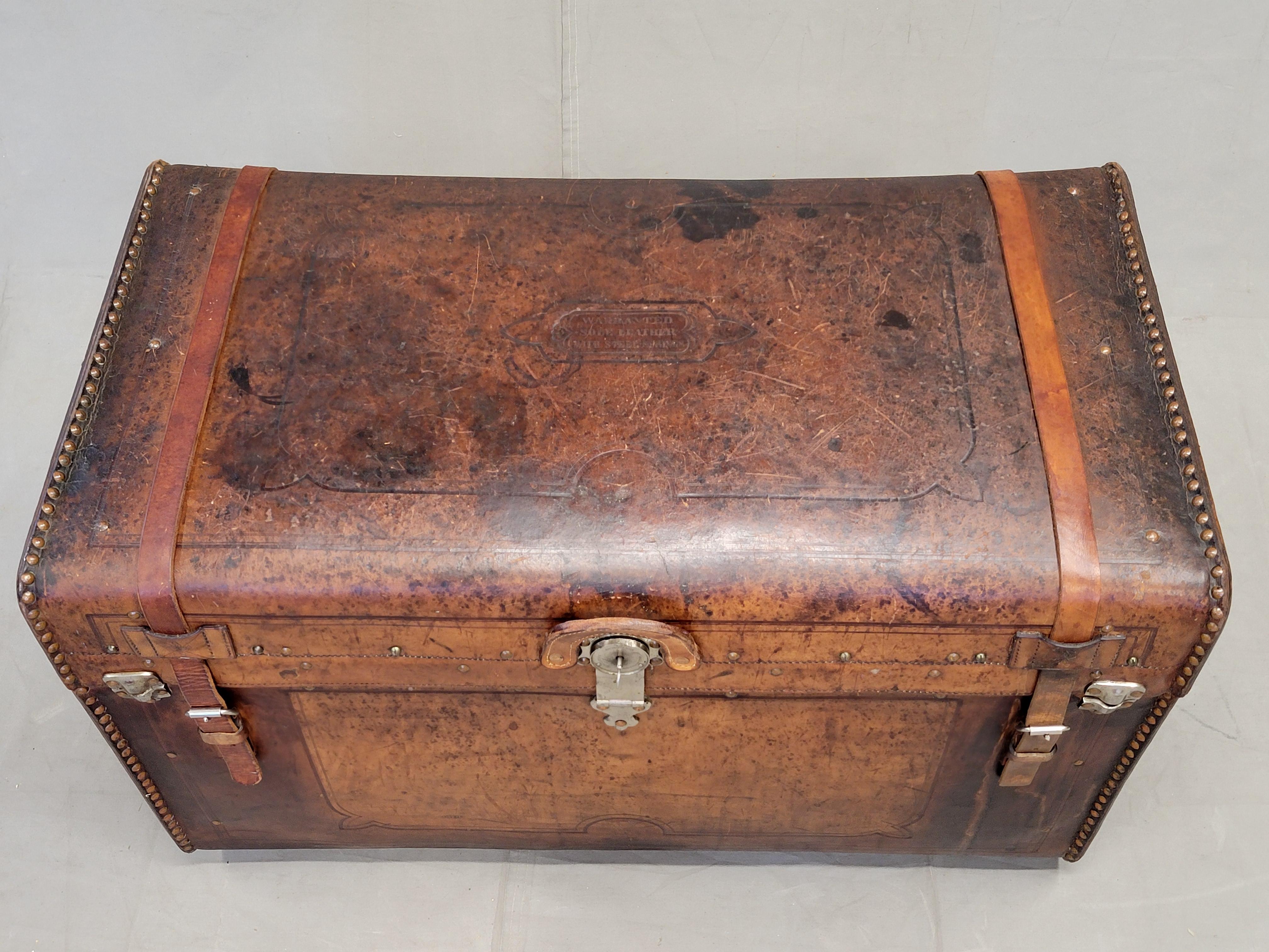 Grand Tour Antique Circa 1875 Sole Leather Clad Western Trunk