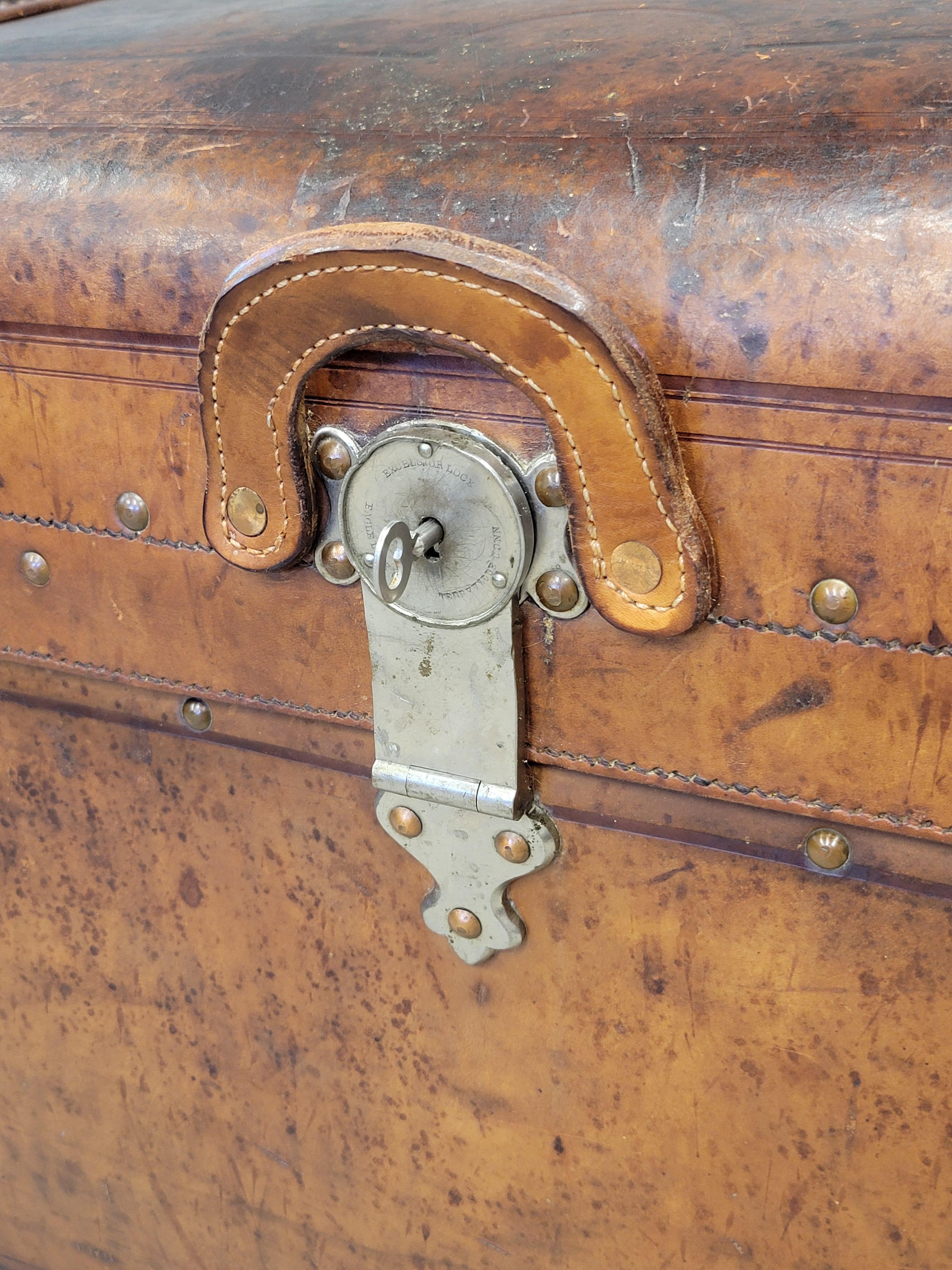 Steel Antique Circa 1875 Sole Leather Clad Western Trunk