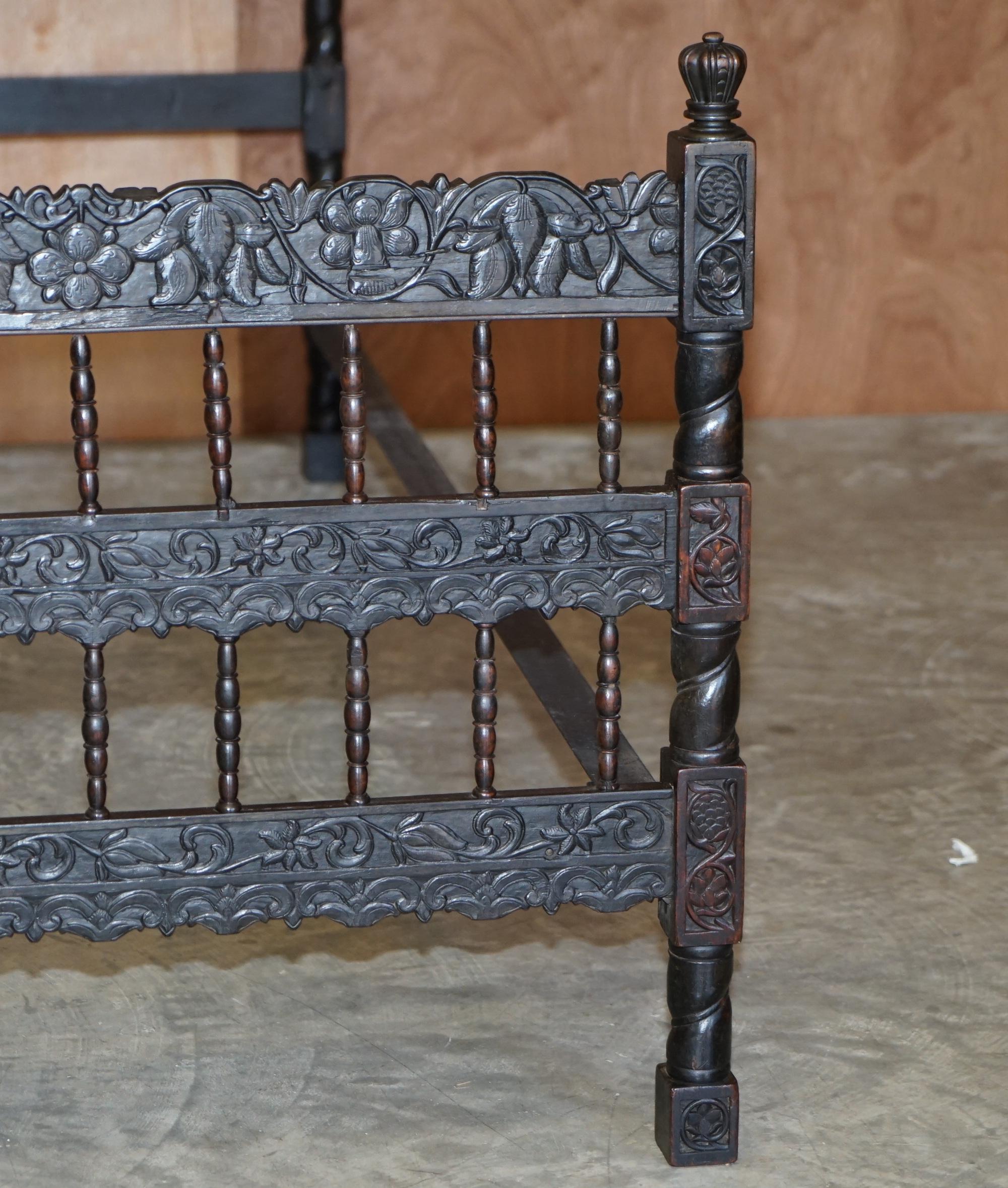 Antique circa 1880 Anglo Indian Colonial Hardwood Heavily Carved Bed Frame 3