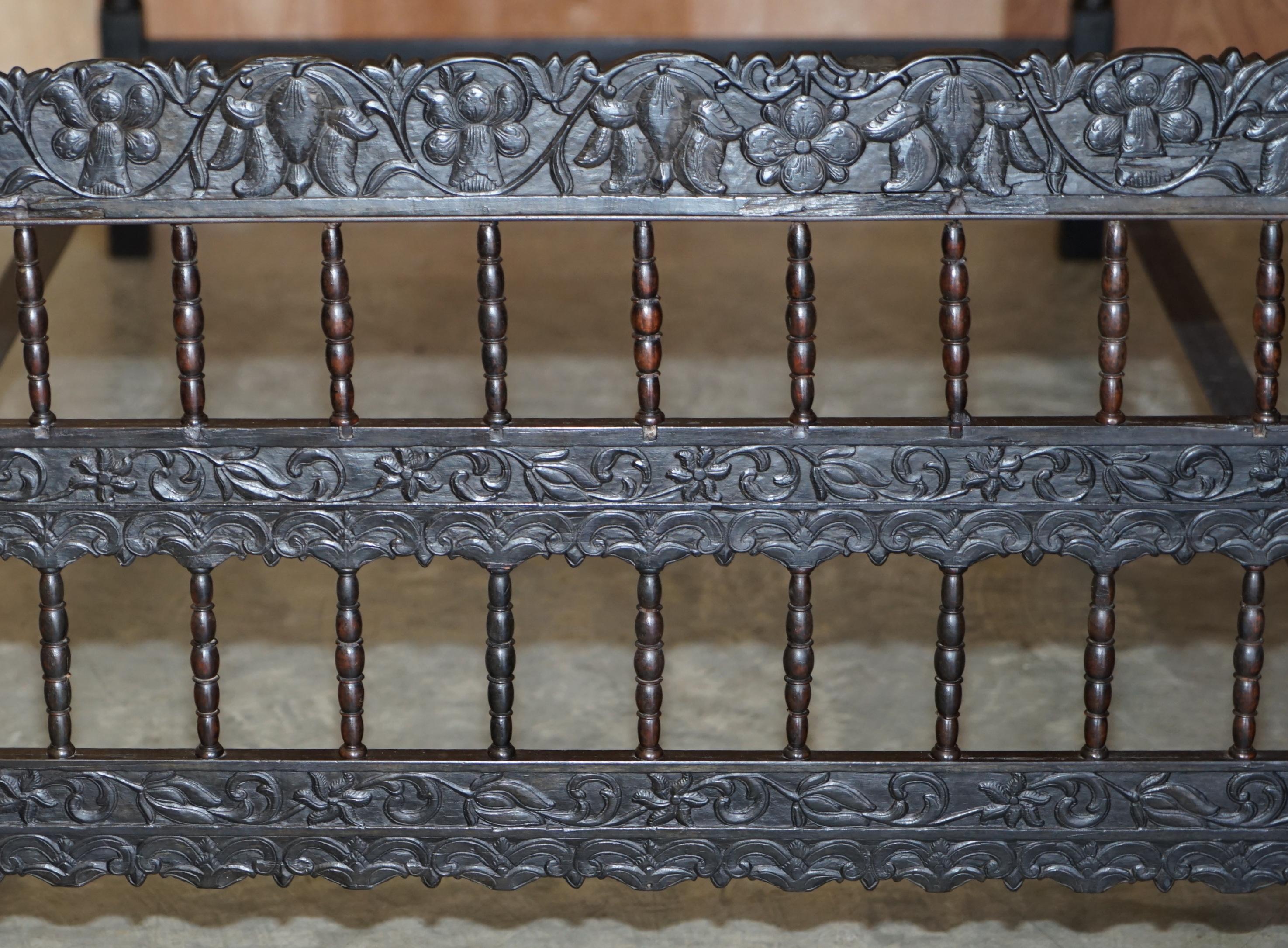 Antique circa 1880 Anglo Indian Colonial Hardwood Heavily Carved Bed Frame 3