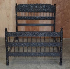 Antique circa 1880 Anglo Indian Colonial Hardwood Heavily Carved Bed Frame
