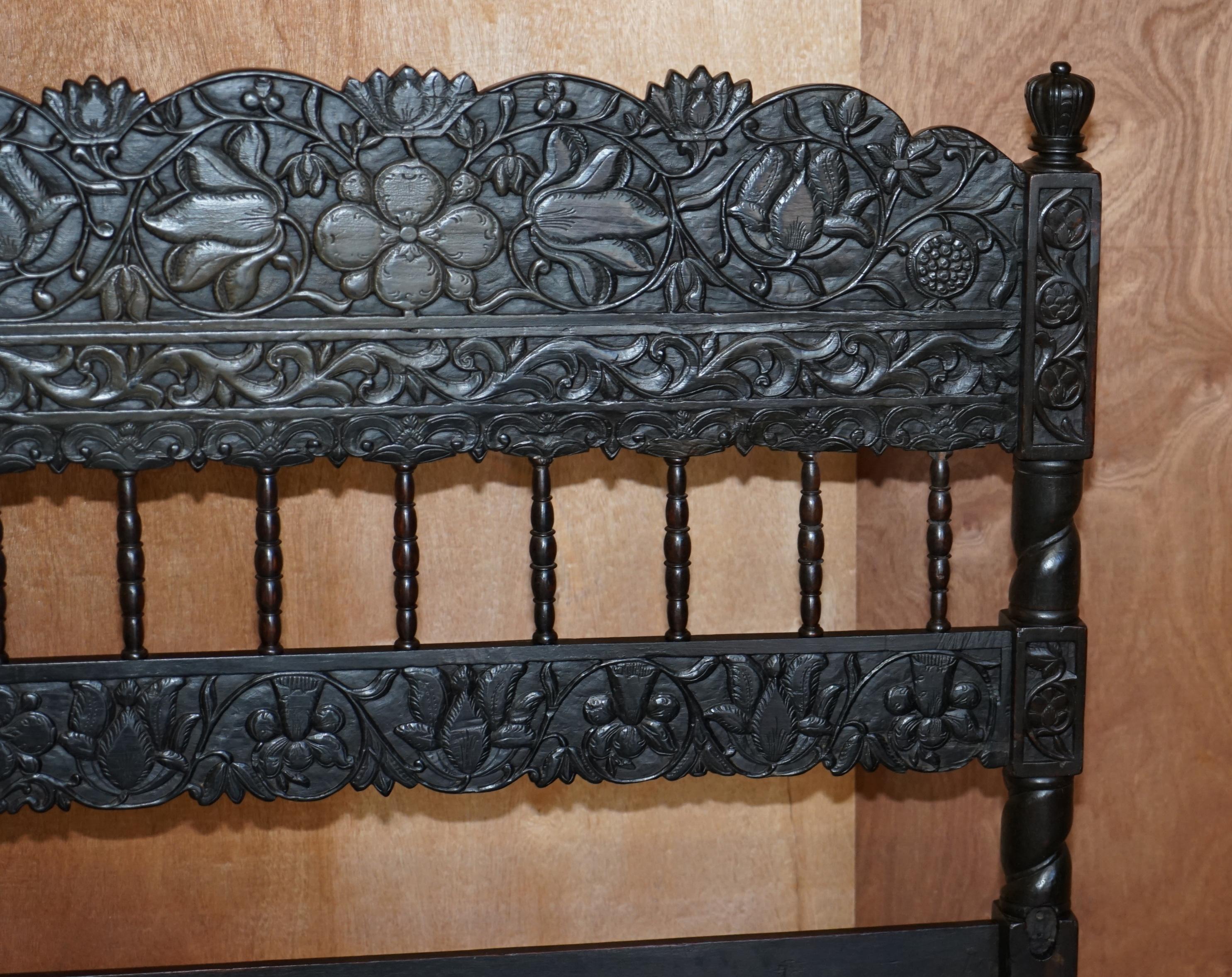 Hand-Carved Antique circa 1880 Anglo Indian Colonial Hardwood Heavily Carved Bed Frame