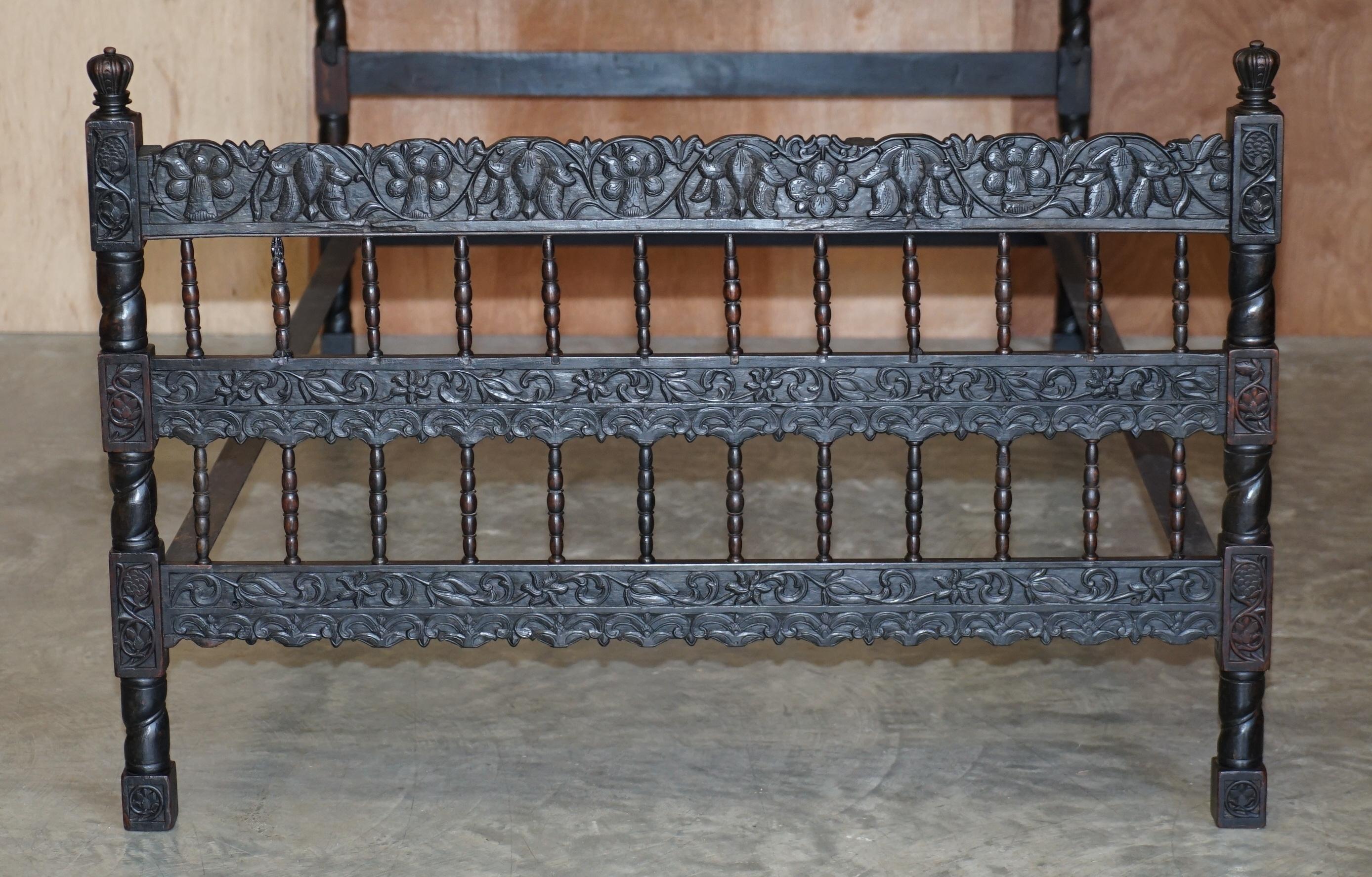 Late 19th Century Antique circa 1880 Anglo Indian Colonial Hardwood Heavily Carved Bed Frame