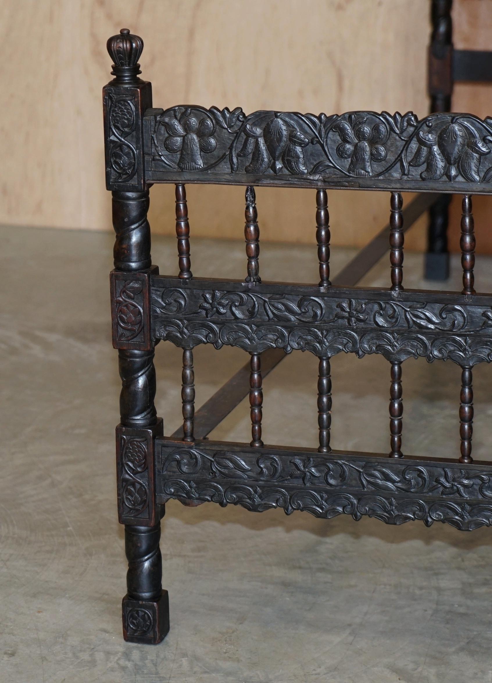 Late 19th Century Antique circa 1880 Anglo Indian Colonial Hardwood Heavily Carved Bed Frame