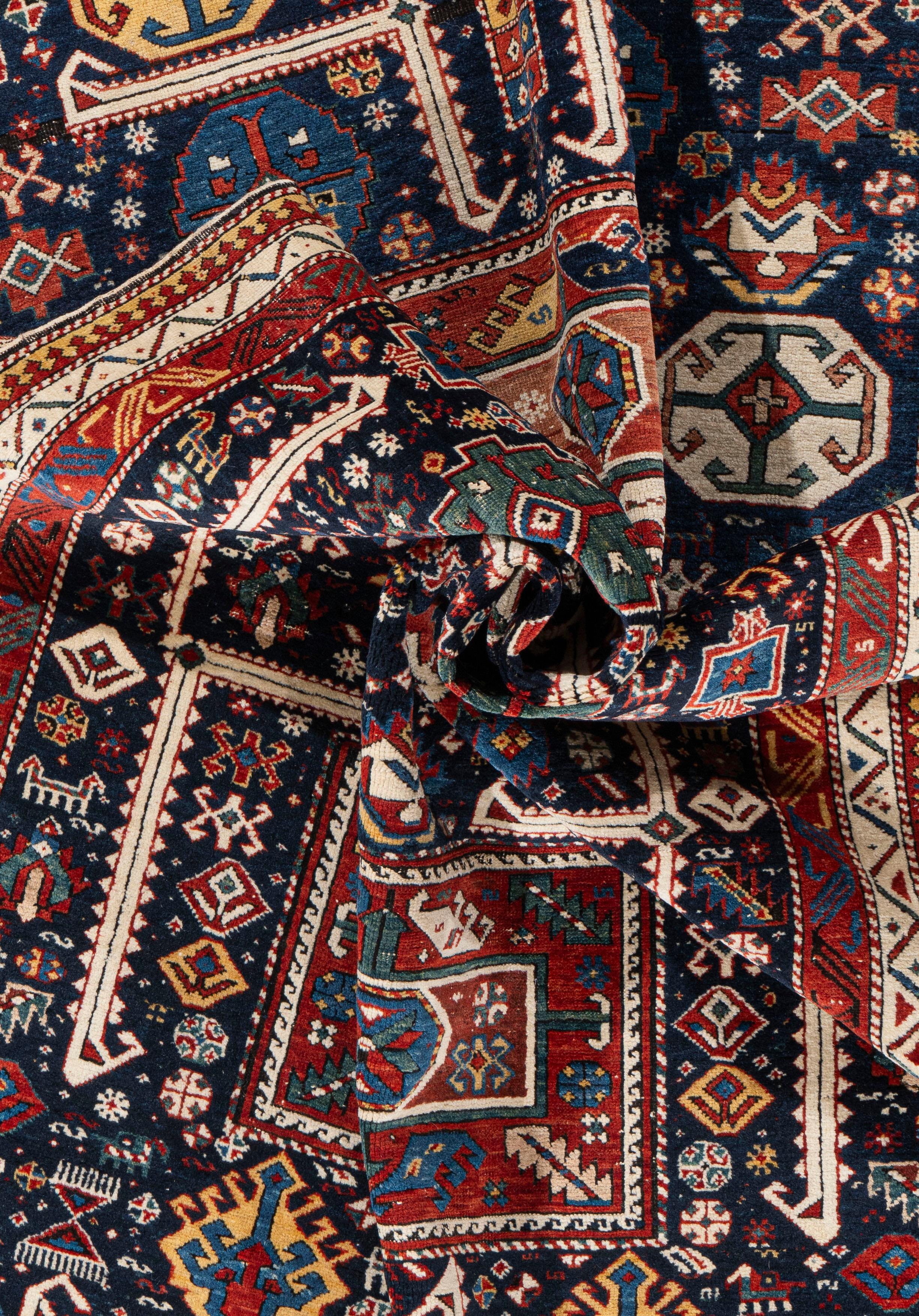 Antiguo Circa 1880 Azul Akstafa Caucásico Alfombra Anudada a Mano 3'10 X 8'2 en venta 4
