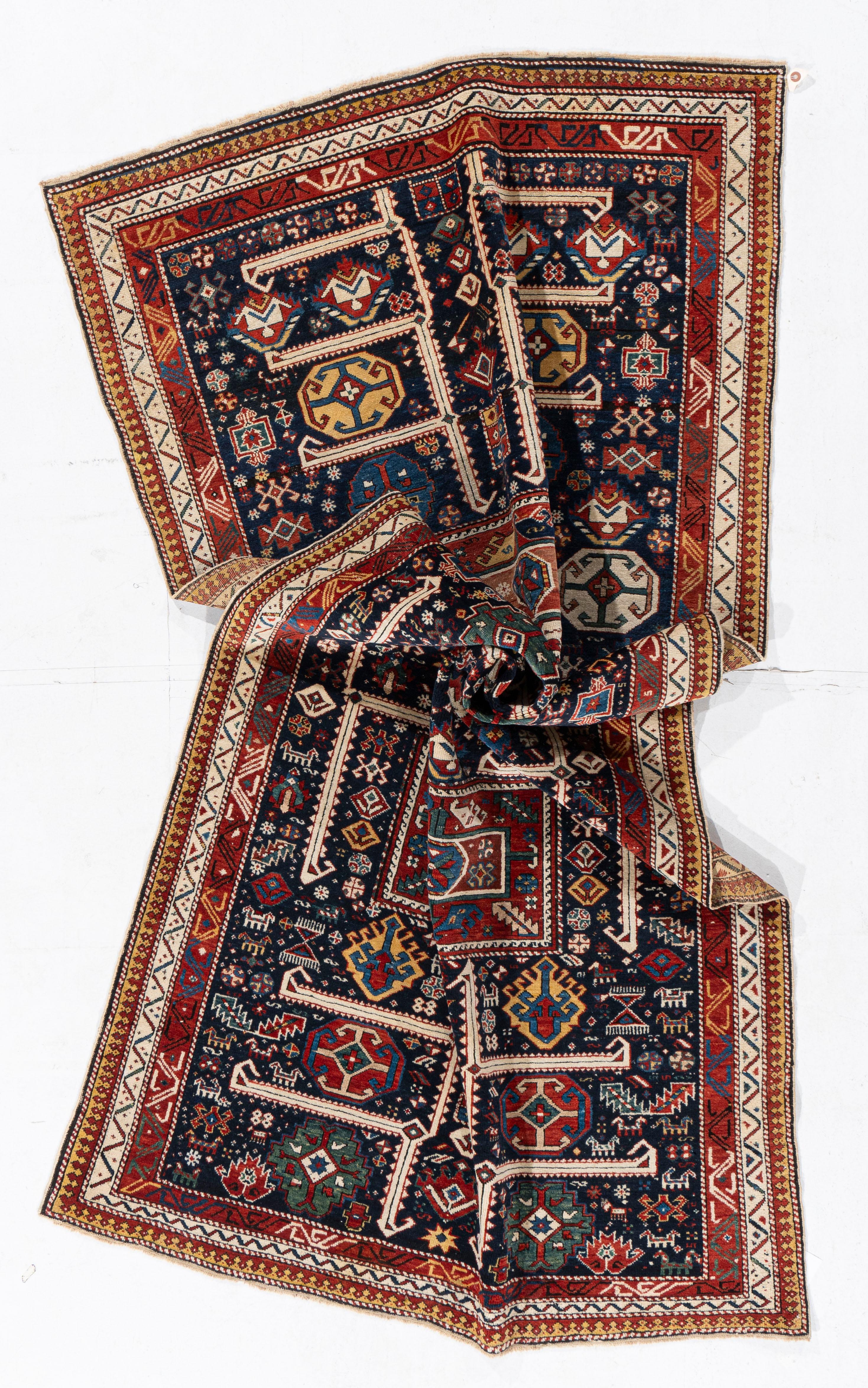 Antiguo Circa 1880 Azul Akstafa Caucásico Alfombra Anudada a Mano 3'10 X 8'2 siglo XIX en venta