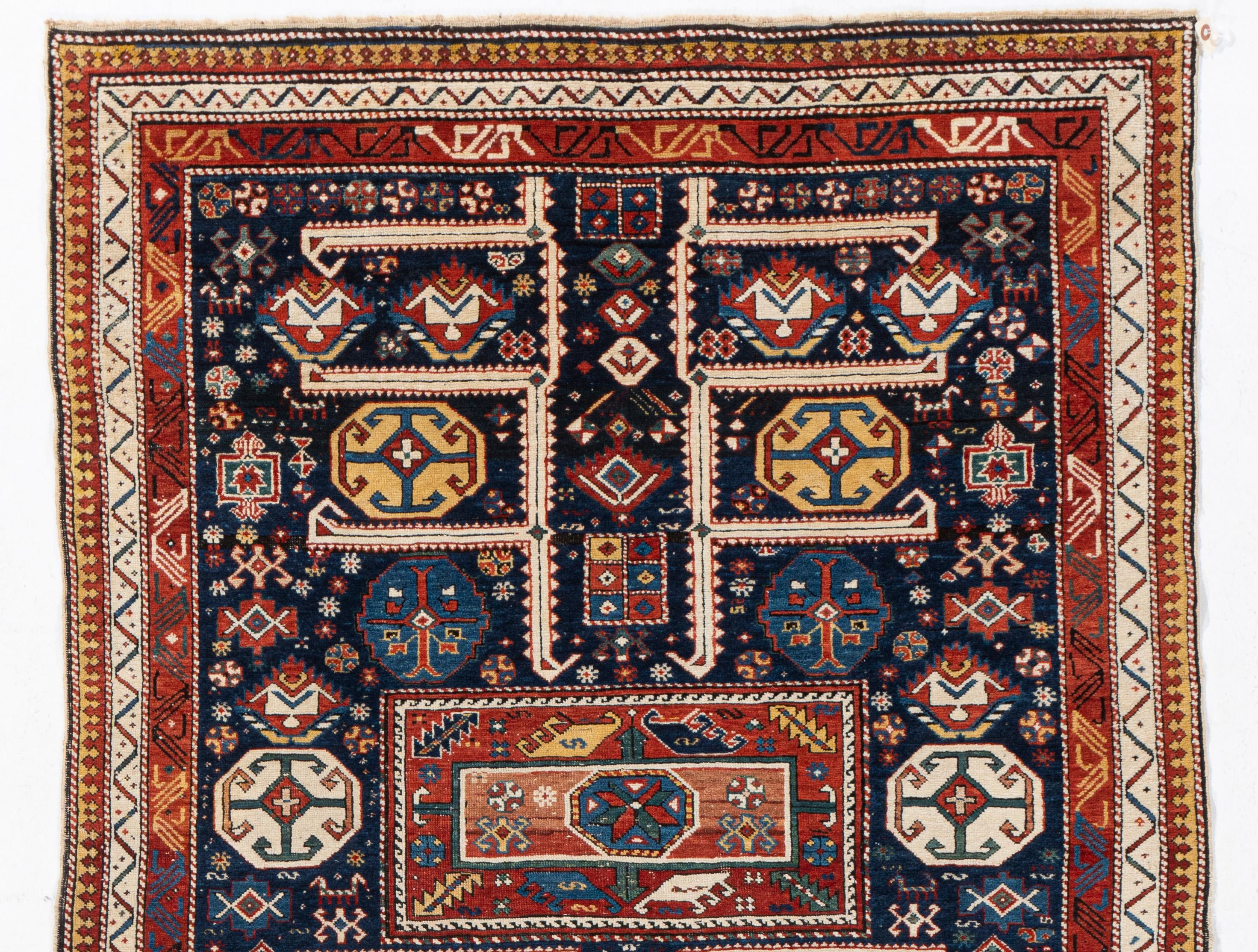 Antiguo Circa 1880 Azul Akstafa Caucásico Alfombra Anudada a Mano 3'10 X 8'2 Lana en venta