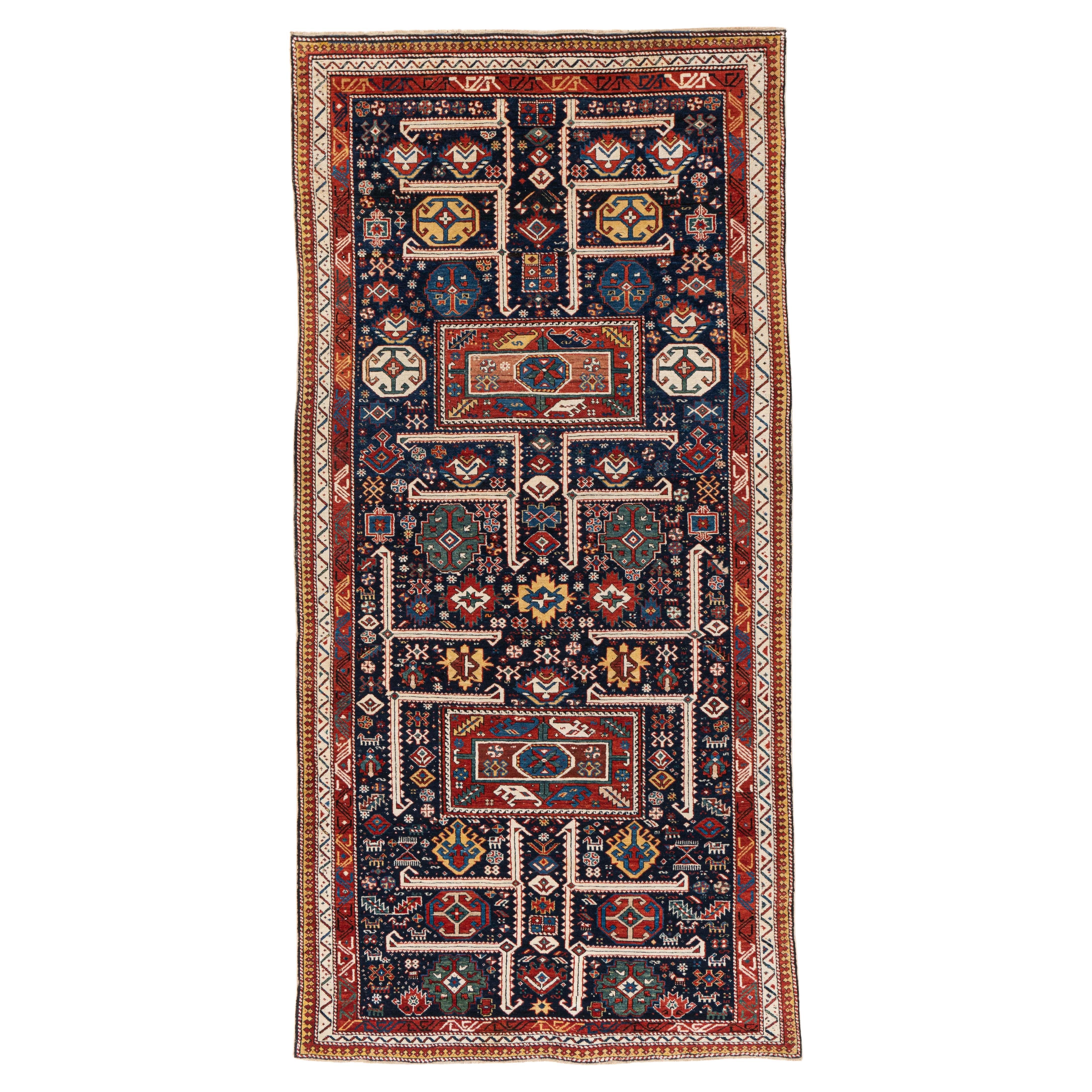 Antiker kaukasischer handgeknüpfter blauer Akstafa-Teppich aus Akstafa, um 1880, 3'10 X 8'2