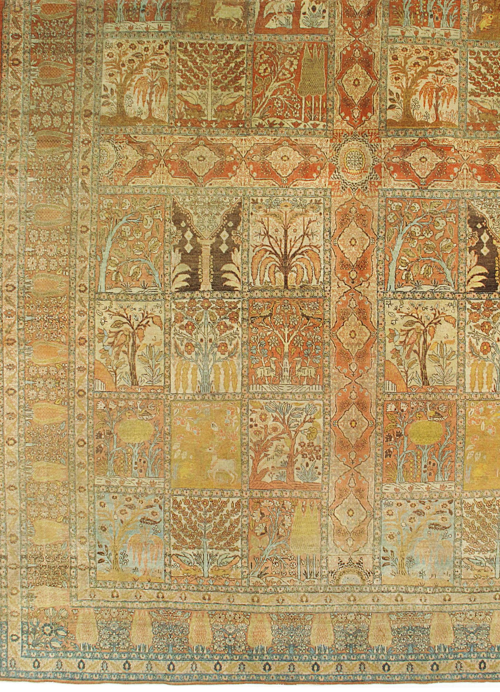 Persiano Antico Tappeto Tabriz marrone del 1880 circa, 9'6 x 13'6 in vendita