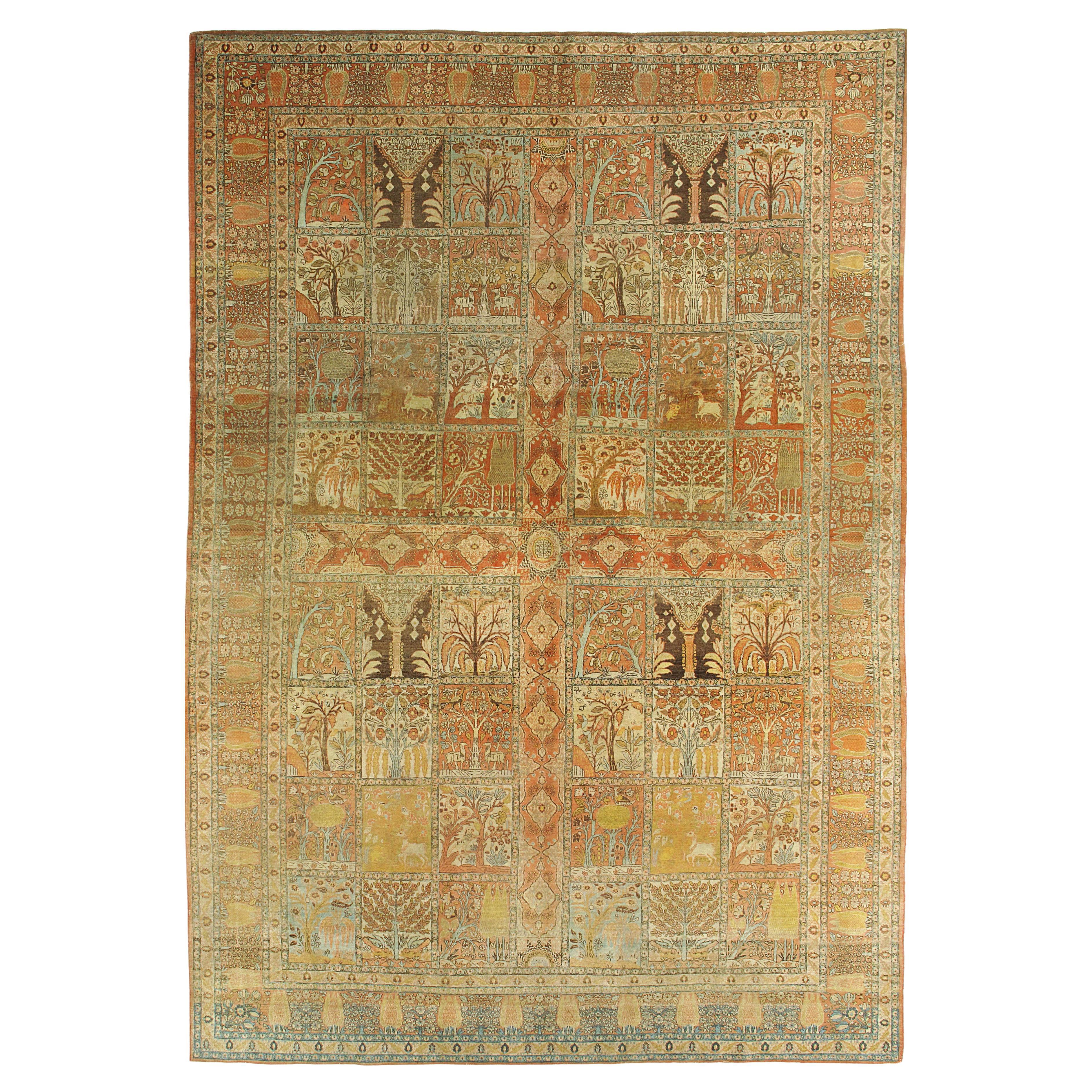 Antico Tappeto Tabriz marrone del 1880 circa, 9'6 x 13'6 in vendita