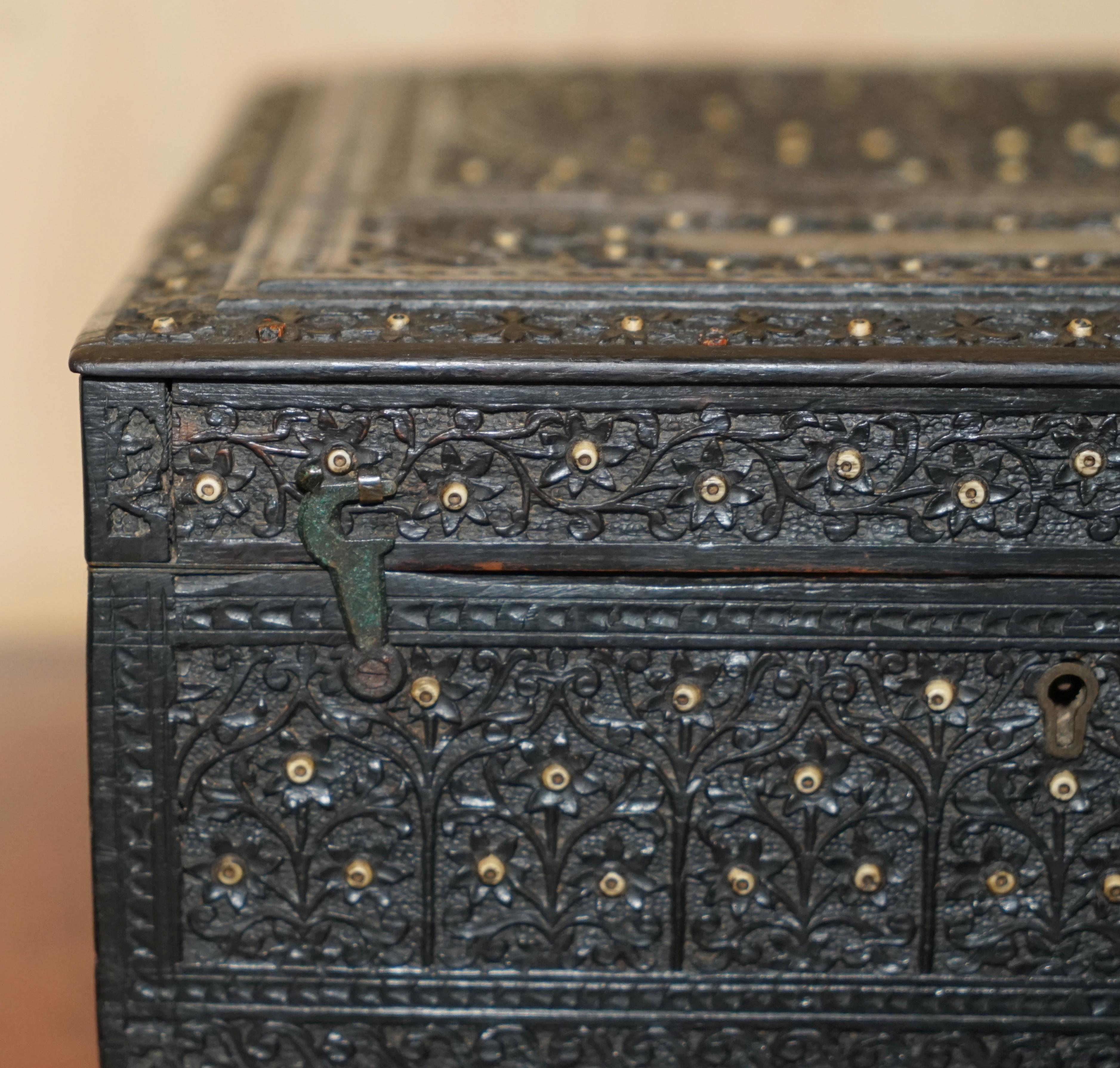 High Victorian ANTIQUE CiRCA 1880 BURMESE HAND CARVED SEWING BOX WITH THE ORIGINAL CONTENTS For Sale