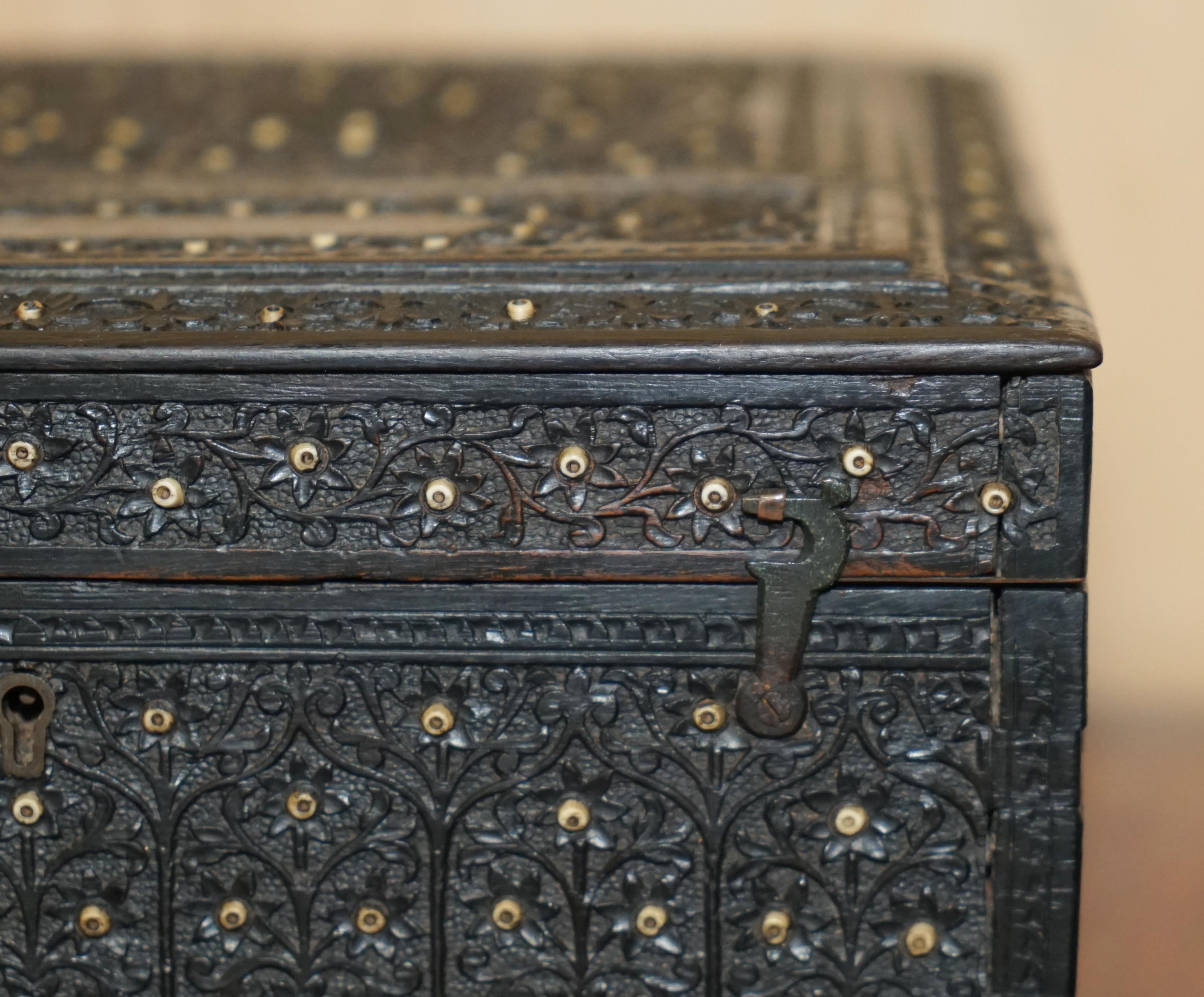 Hand-Carved ANTIQUE CiRCA 1880 BURMESE HAND CARVED SEWING BOX WITH THE ORIGINAL CONTENTS For Sale